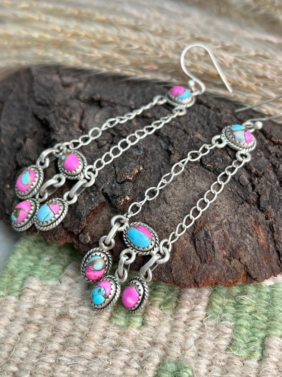 Handmade Sterling Silver Cotton Candy Hook Dangle Earrings "Signed Nizhoni"