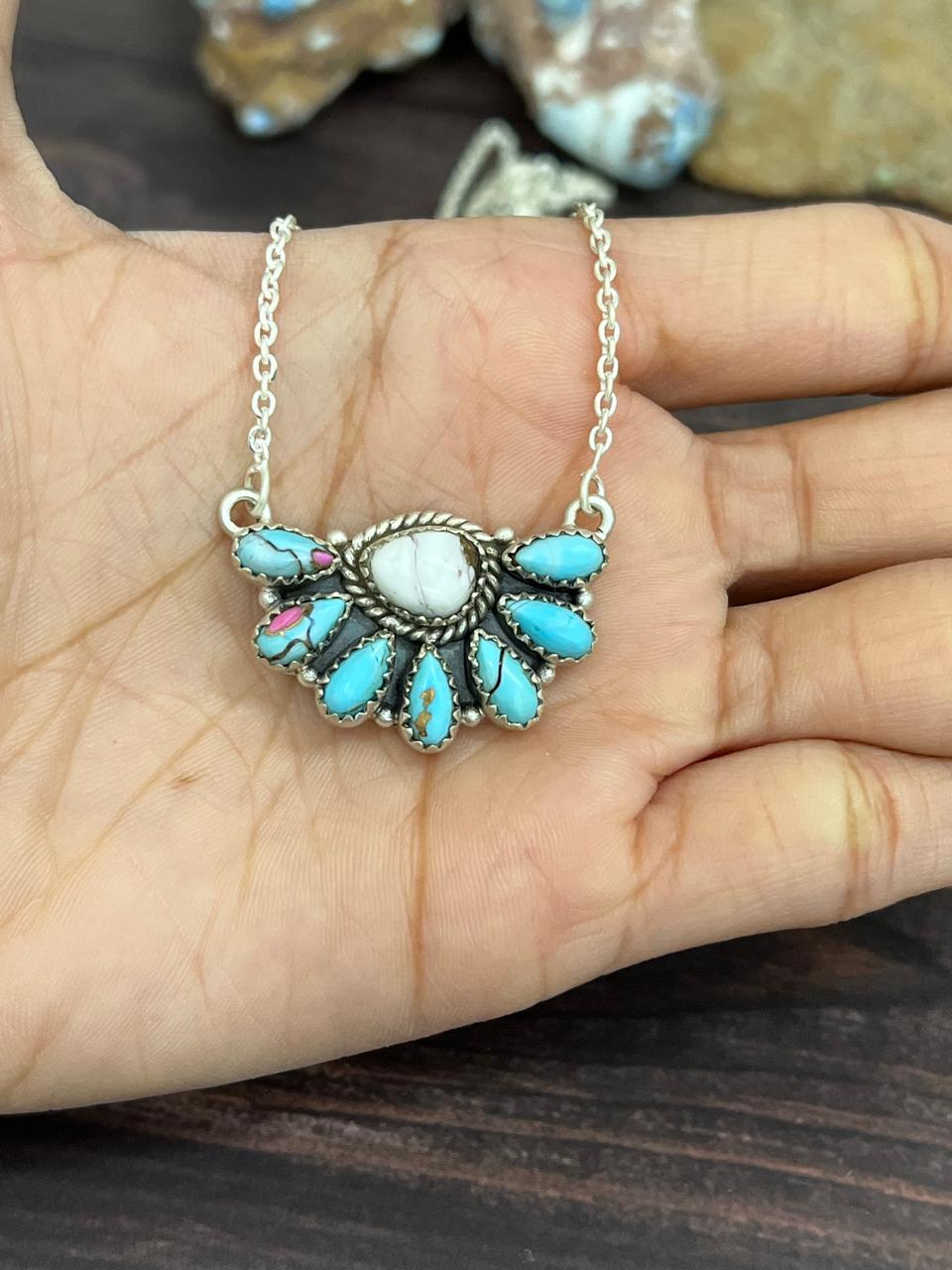 Handmade Sterling Silver Cotton Candy Turquoise Necklace with Signed Nizhoni