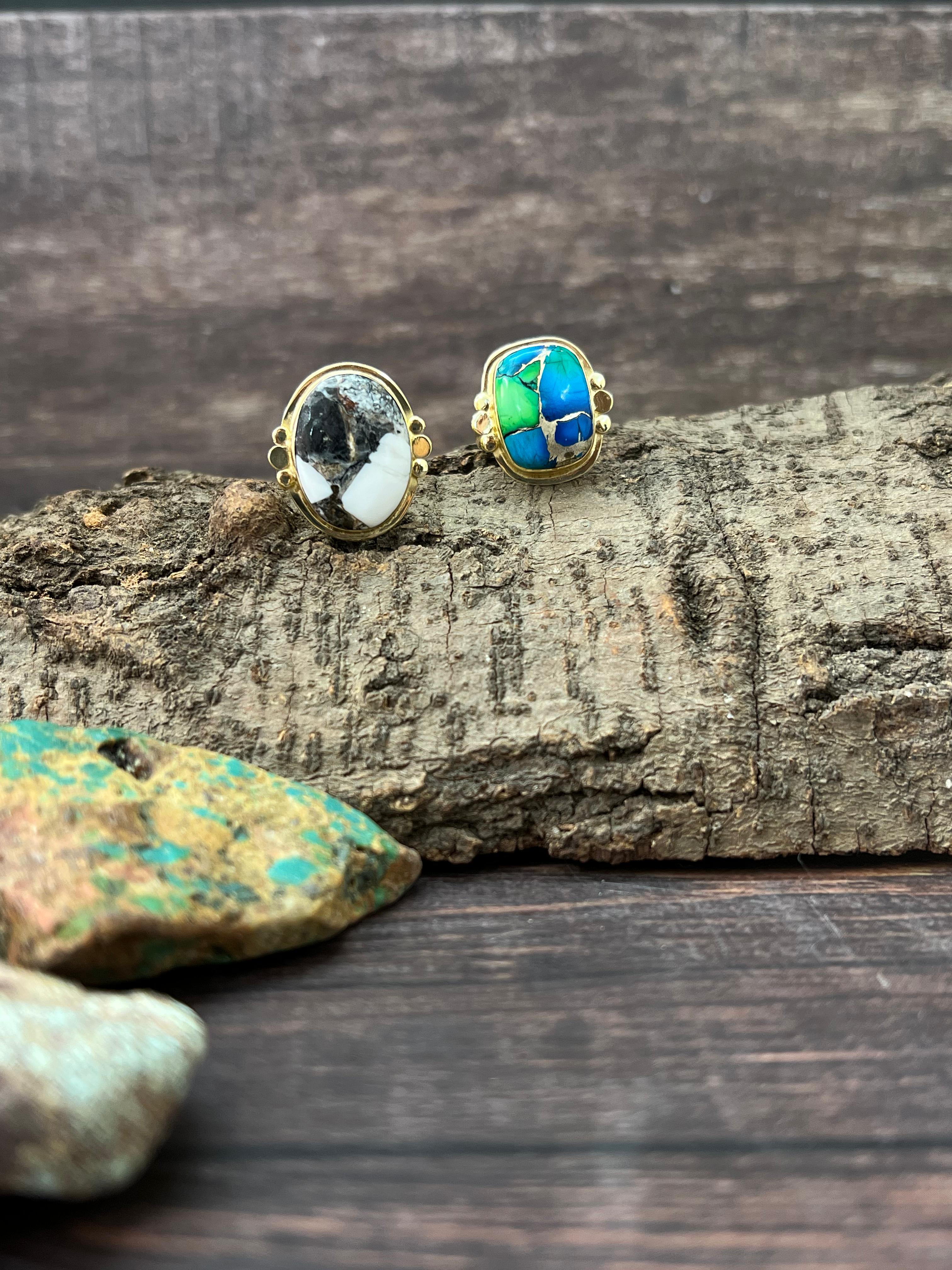 “The Golden Collection” Natural White Buffalo, Peacock Dahlia Adjustable Ring