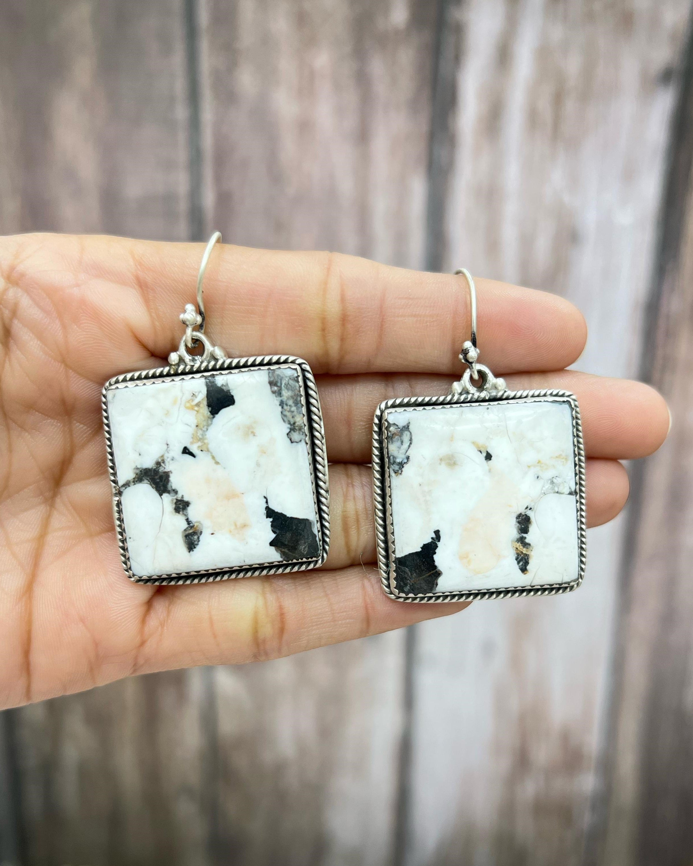 Handmade Sterling Silver White Buffalo Turquoise Hook Earrings with Signed Nizhoni