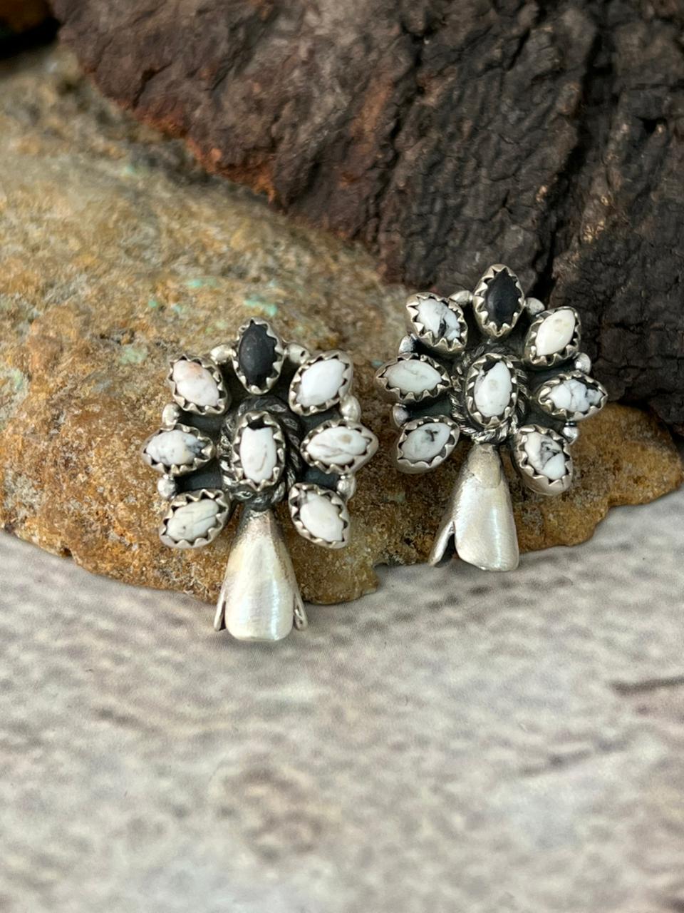 Handmade Sterling Silver White Buffalo Post Studs Earrings "Signed Nizhoni"