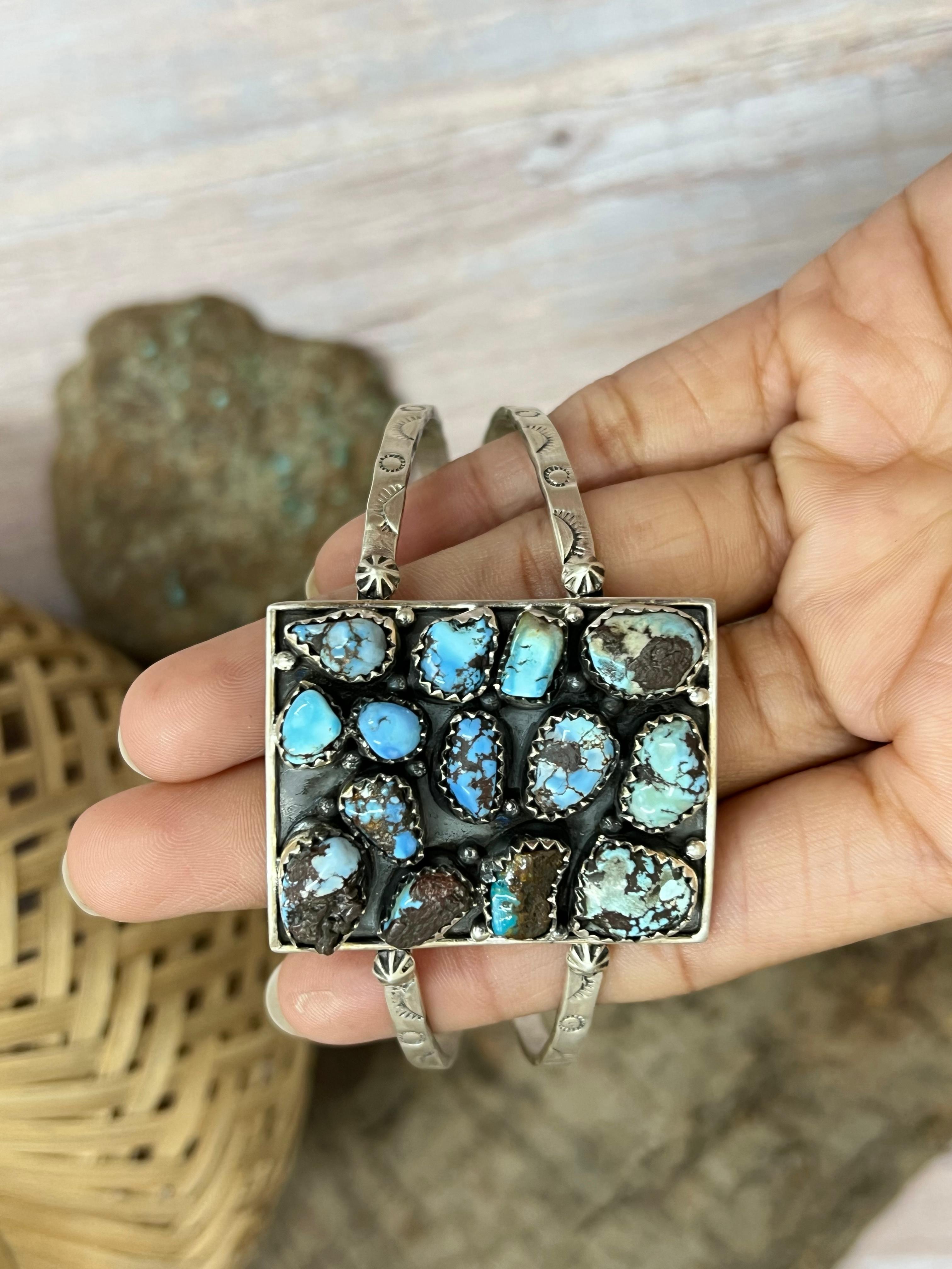 Handmade Sterling Silver Golden Hill, Sonoran Mountain Turquoise Rectangle Bracelet with Signed Nizhoni /