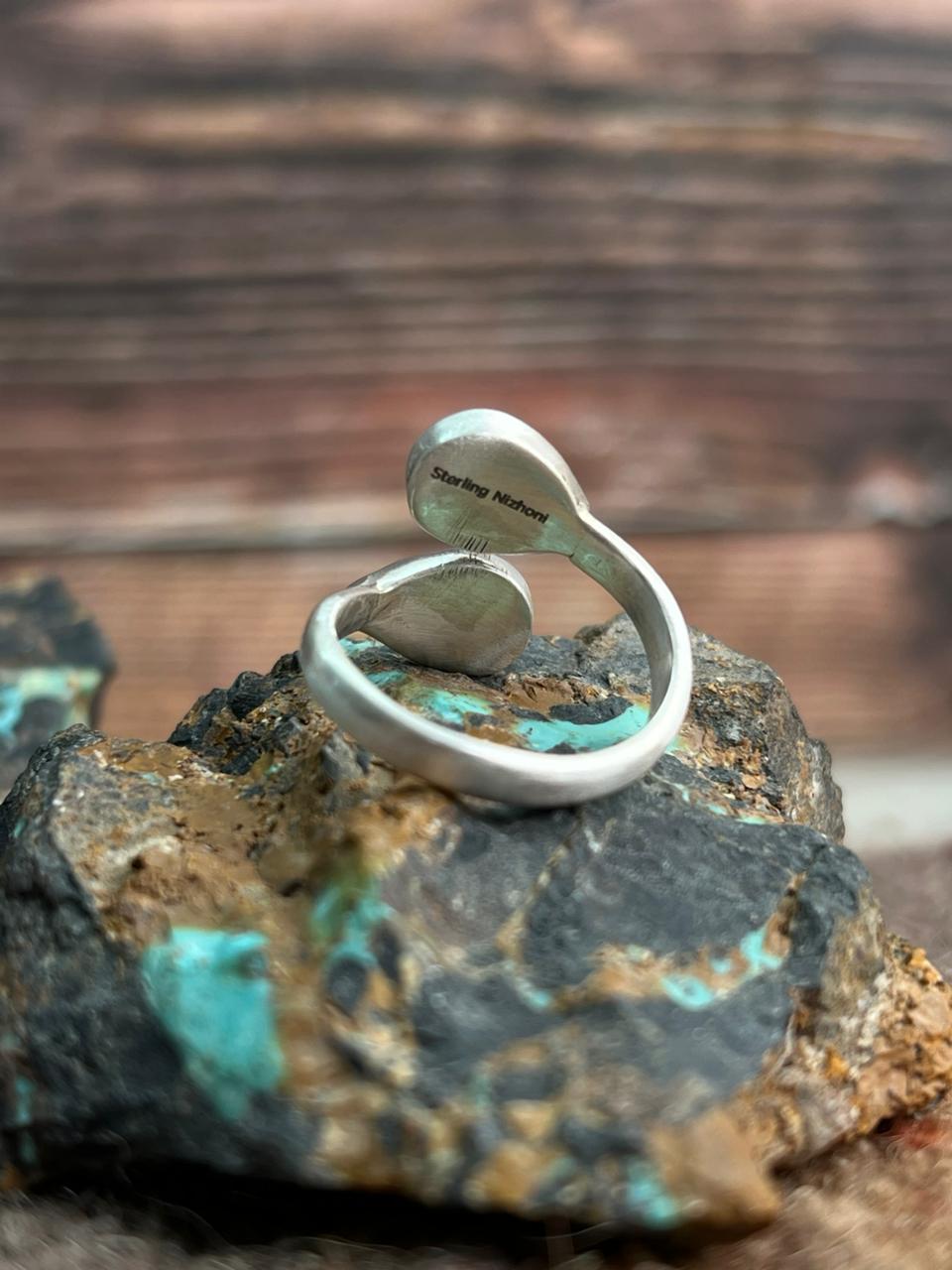 Handmade Sterling Silver Dahlia Rose With Emerald Valley Turquoise Ring "Signed Nizhoni"