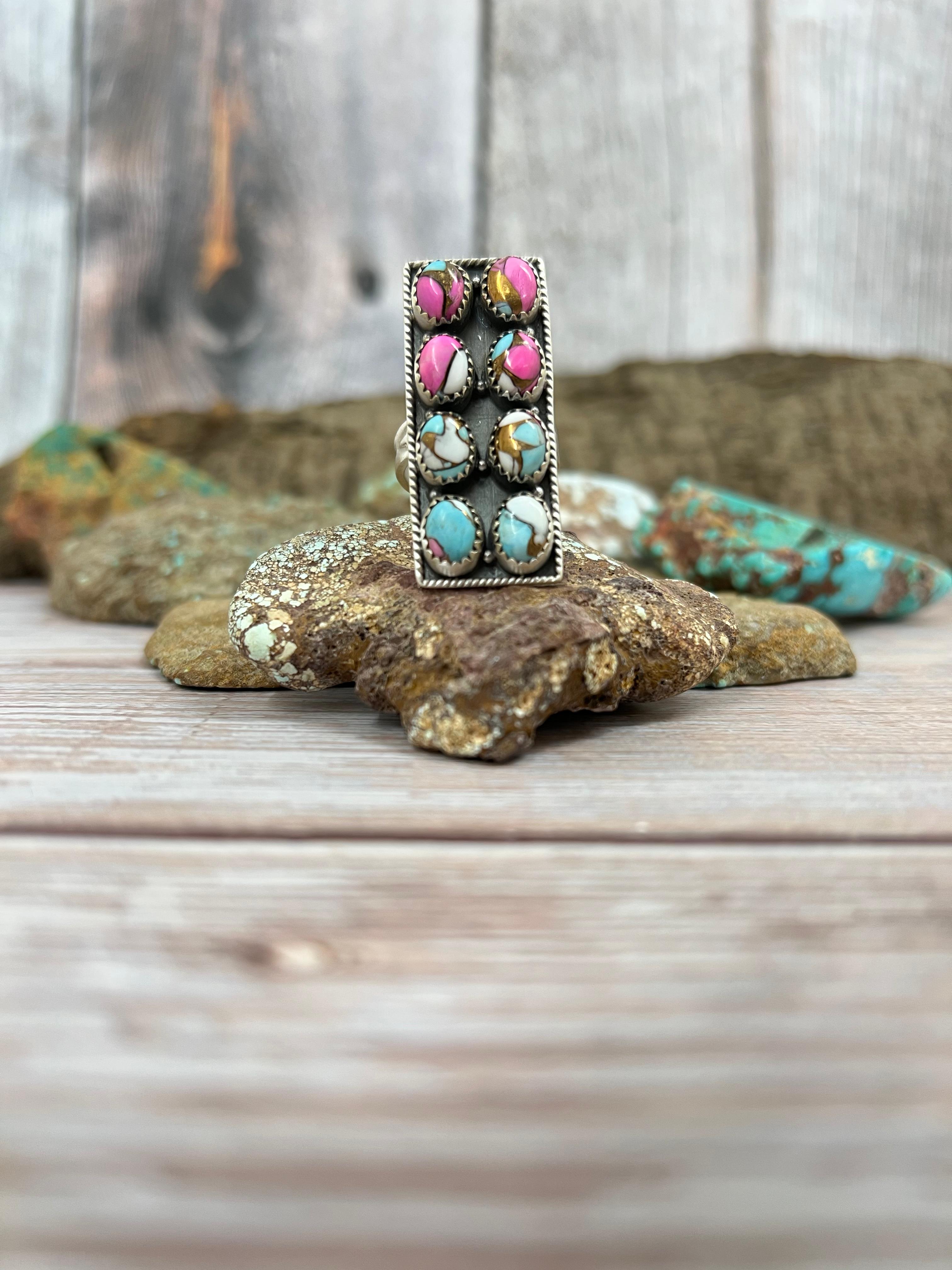 Handmade Sterling Silver Cotton Candy Turquoise Adjustable Ring with Signed Nizhoni (9)