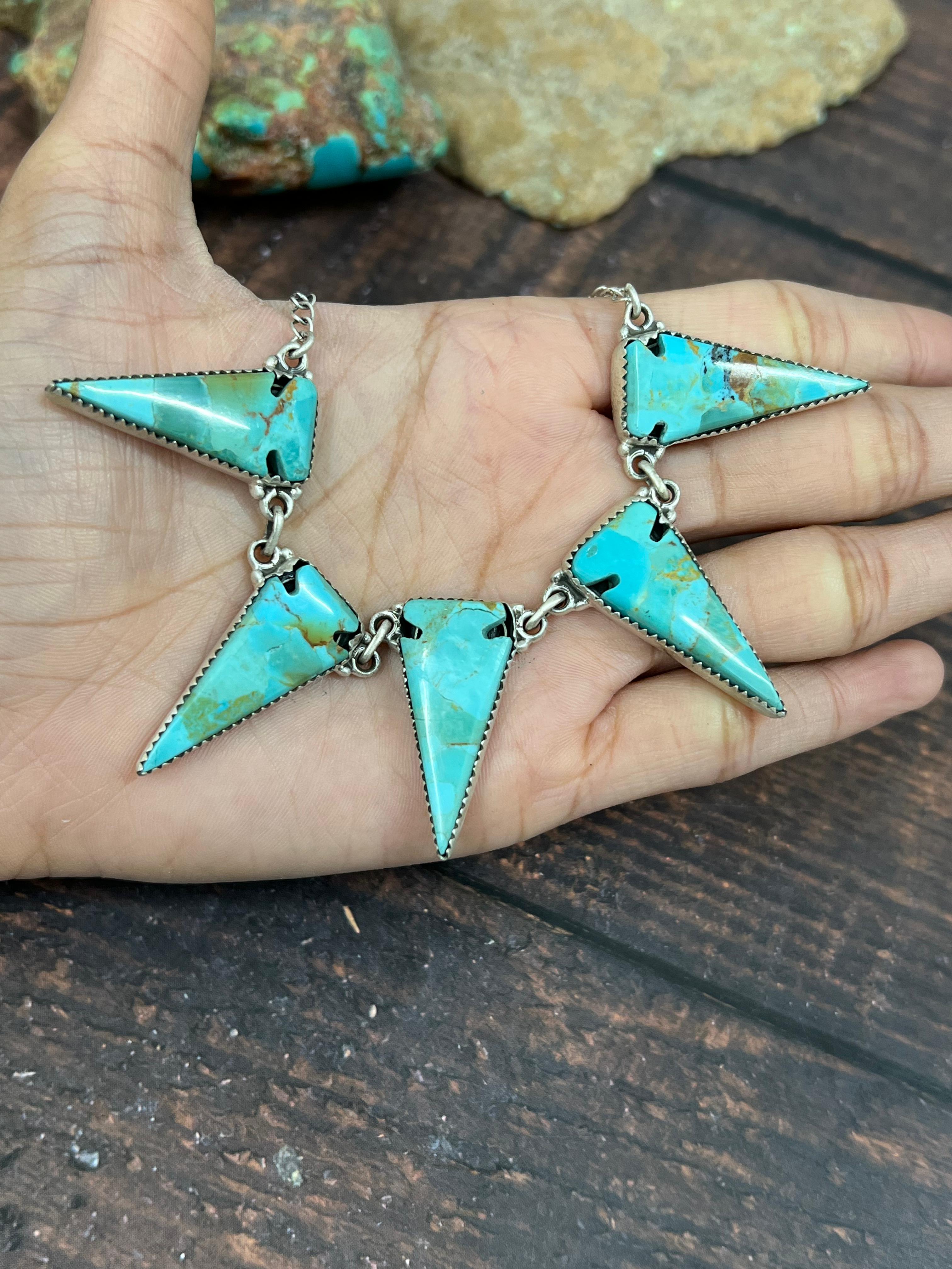 Handmade Sterling Silver Kingman Turquoise Arrow Necklace with Signed Nizhoni