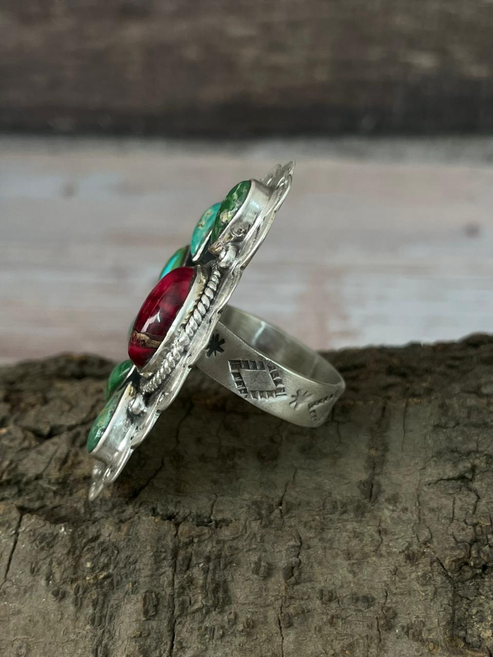 Handmade Sterling Silver Dahlia Rose With Emerald Valley Turquoise Ring "Signed Nizhoni"