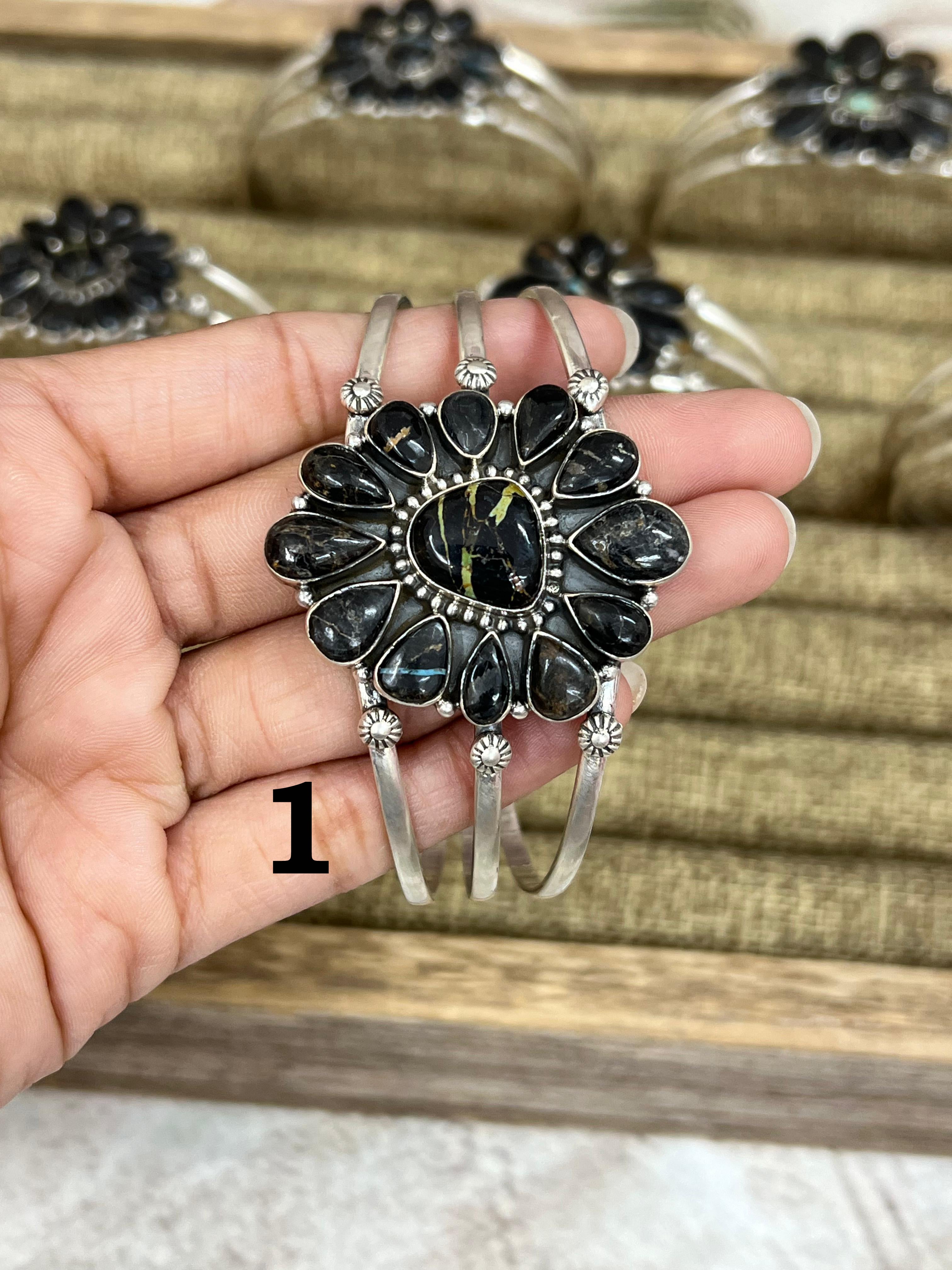 Handmade Sterling Silver Blackjack Turquoise Cuff Bracelet Signed Nizhoni