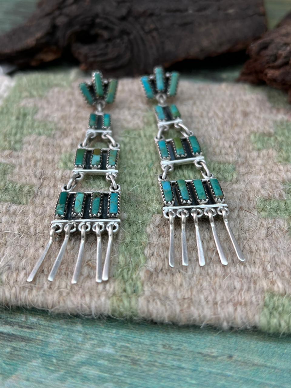 Handmade Sterling Silver Kingman Turquoise Post Dangle Earrings "Signed Nizhoni"
