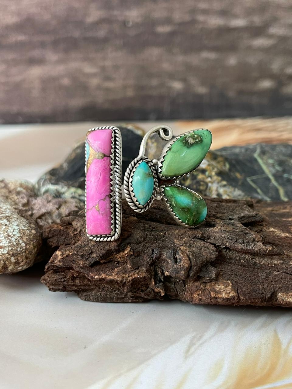 Handmade Sterling Silver Spring Collection: Sonoran Mountain Turquoise with Cotton Candy Butterfly Adjustable Ring "Signed Nizhoni"