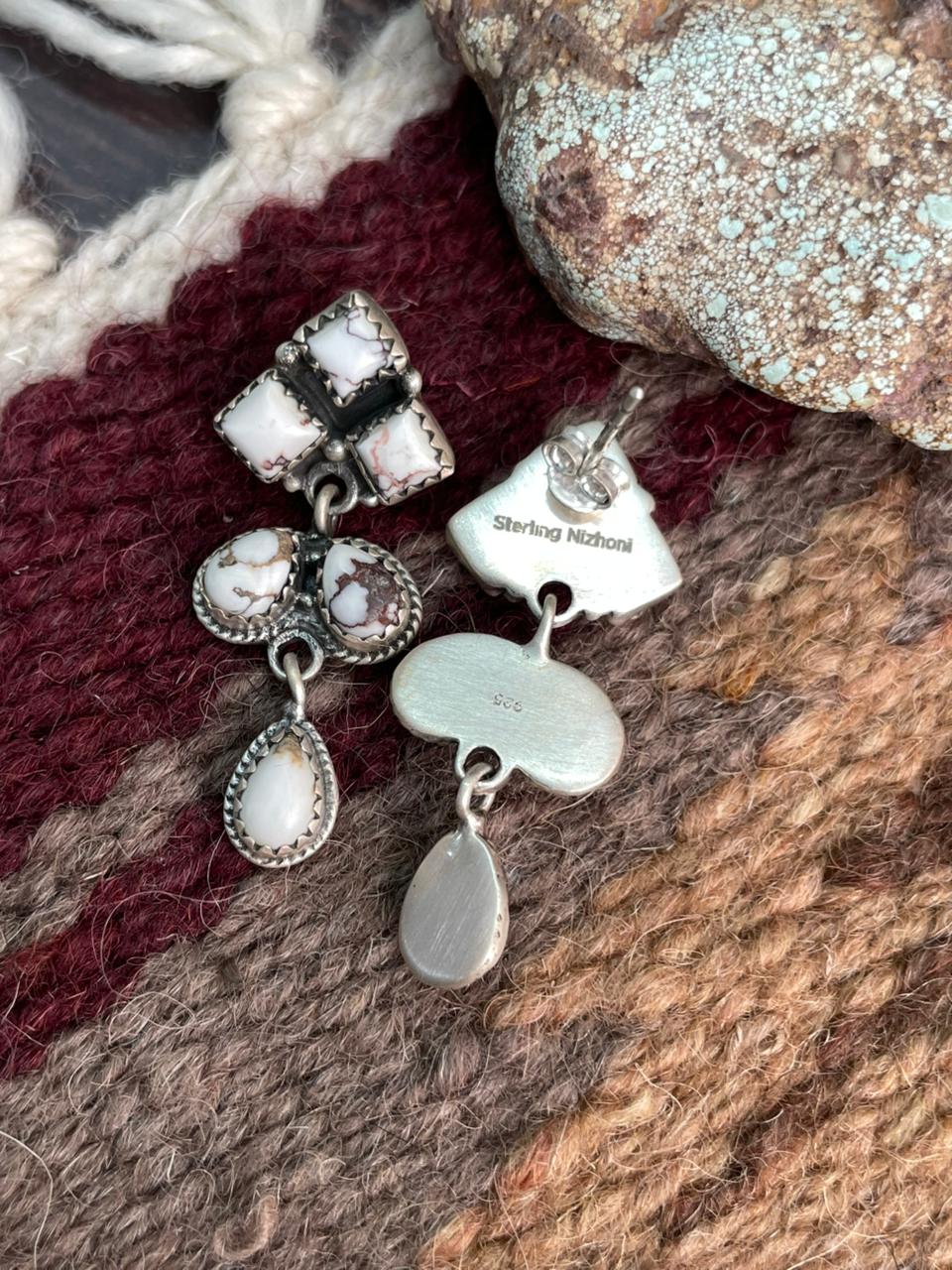 Handmade Sterling Silver Wildhorse Magnesite Post Dangle Earrings "Signed Nizhoni"