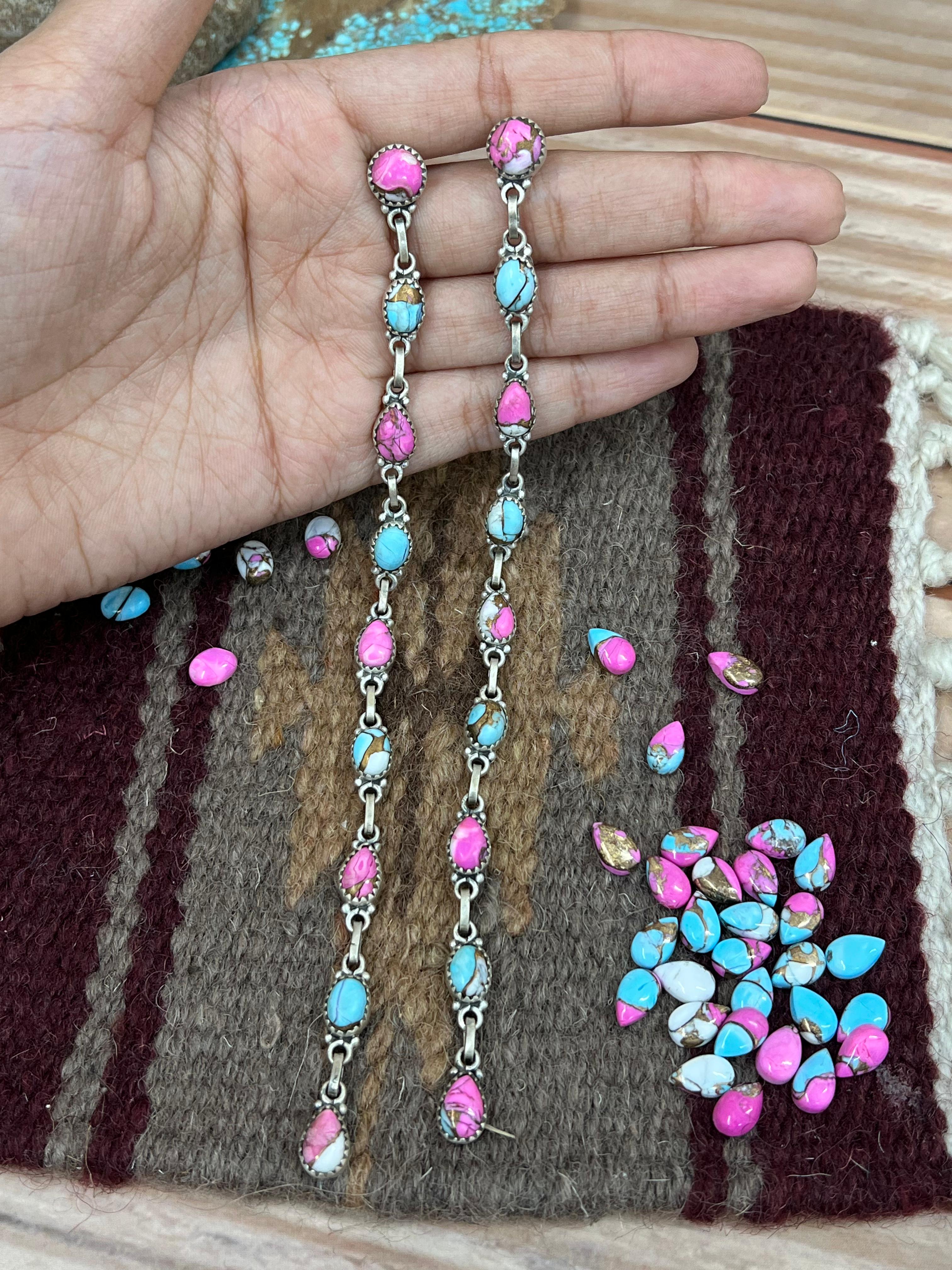 Handmade Sterling Silver Cotton Candy Turquoise Dangle Earrings with Signed Nizhoni