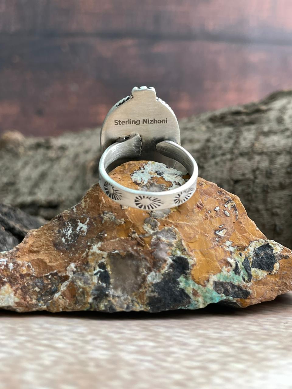 Handmade Sterling Silver Number 8 Turquoise Adjustable Ring "Signed Nizhoni"