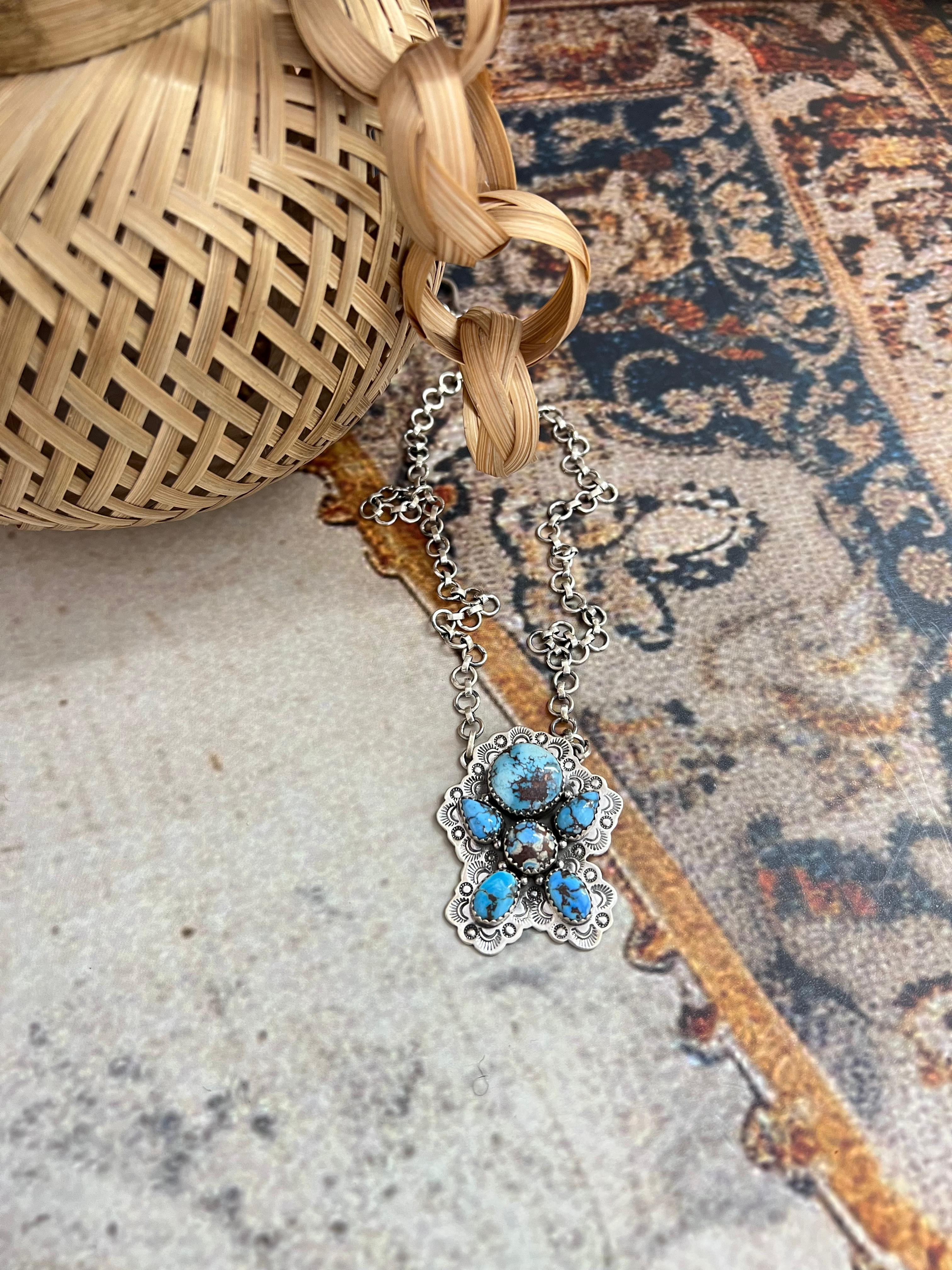 Handmade Sterling Silver Golden Hills Turquoise Necklace with Signed Nizhoni