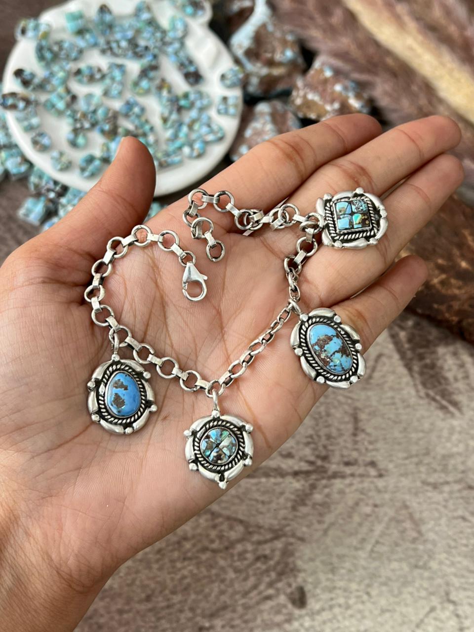Handmade Sterling Silver Golden Hills Turquoise Cobble Collection Bracelet "Signed Nizhoni"