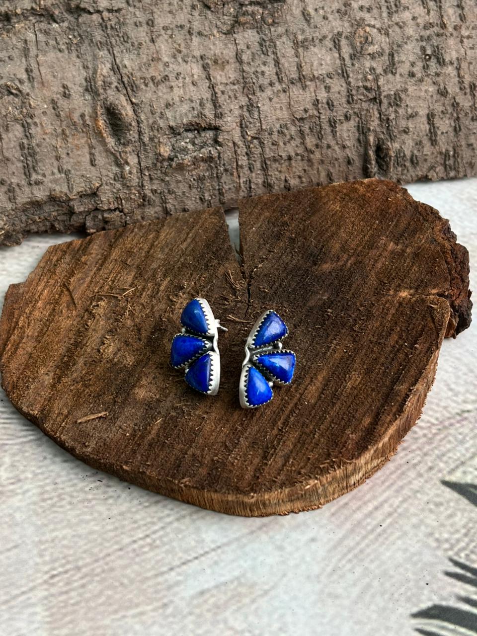 Handmade Sterling Silver Lapis Post Studs Earrings "Signed Nizhoni"