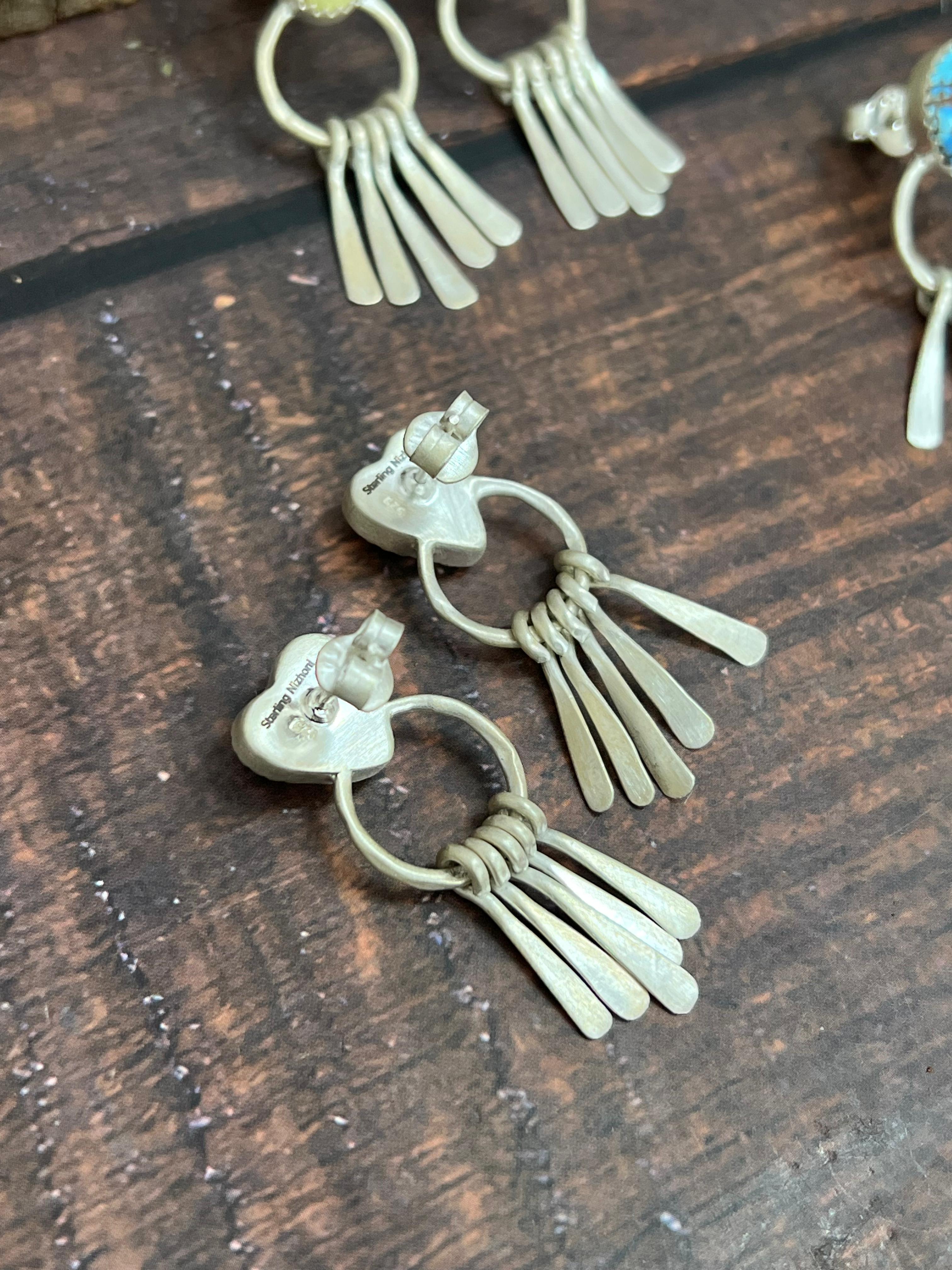 Handmade Sterling Silver Golden Hills, Palomino, Kingman Turquoise, Dahlia Rose Dangle Earrings with Signed Nizhoni