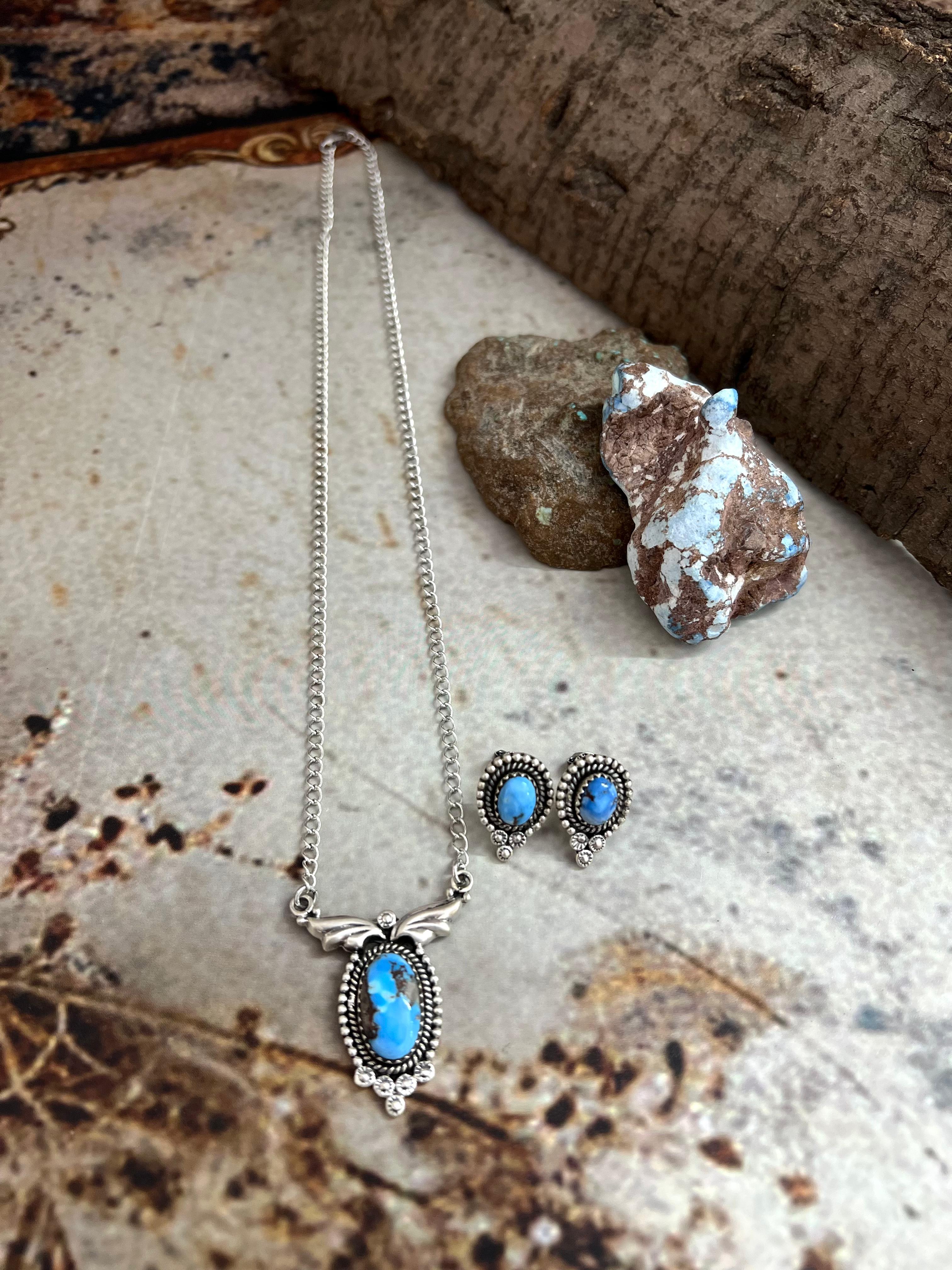 Handmade Sterling Silver Golden Hills Turquoise Necklace Earrings Set with Signed Nizhoni