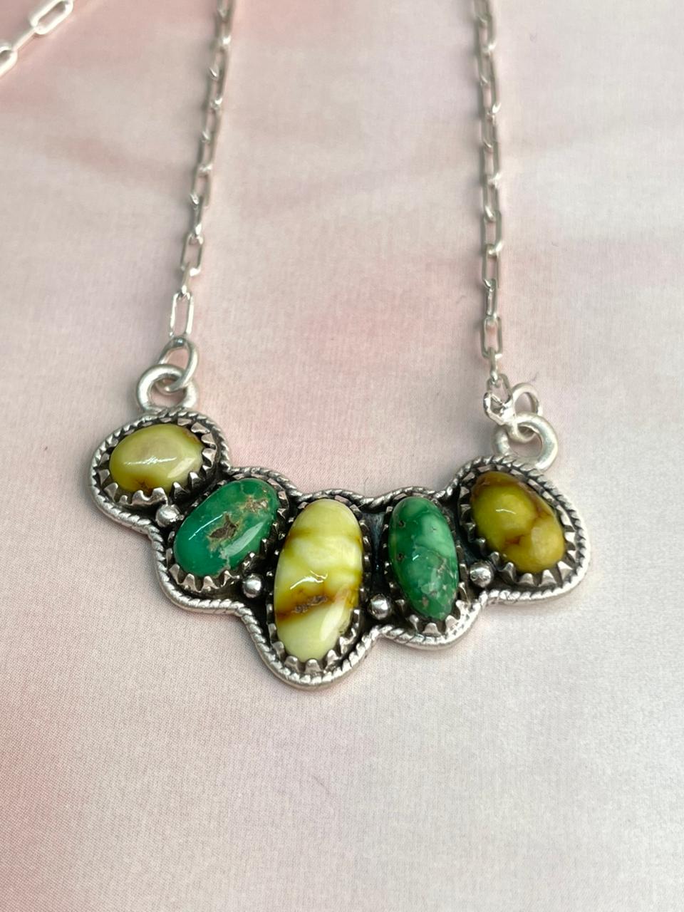 Handmade Sterling Silver Emerald Valley with Palomino Turquoise Necklace "Signed Nizhoni"