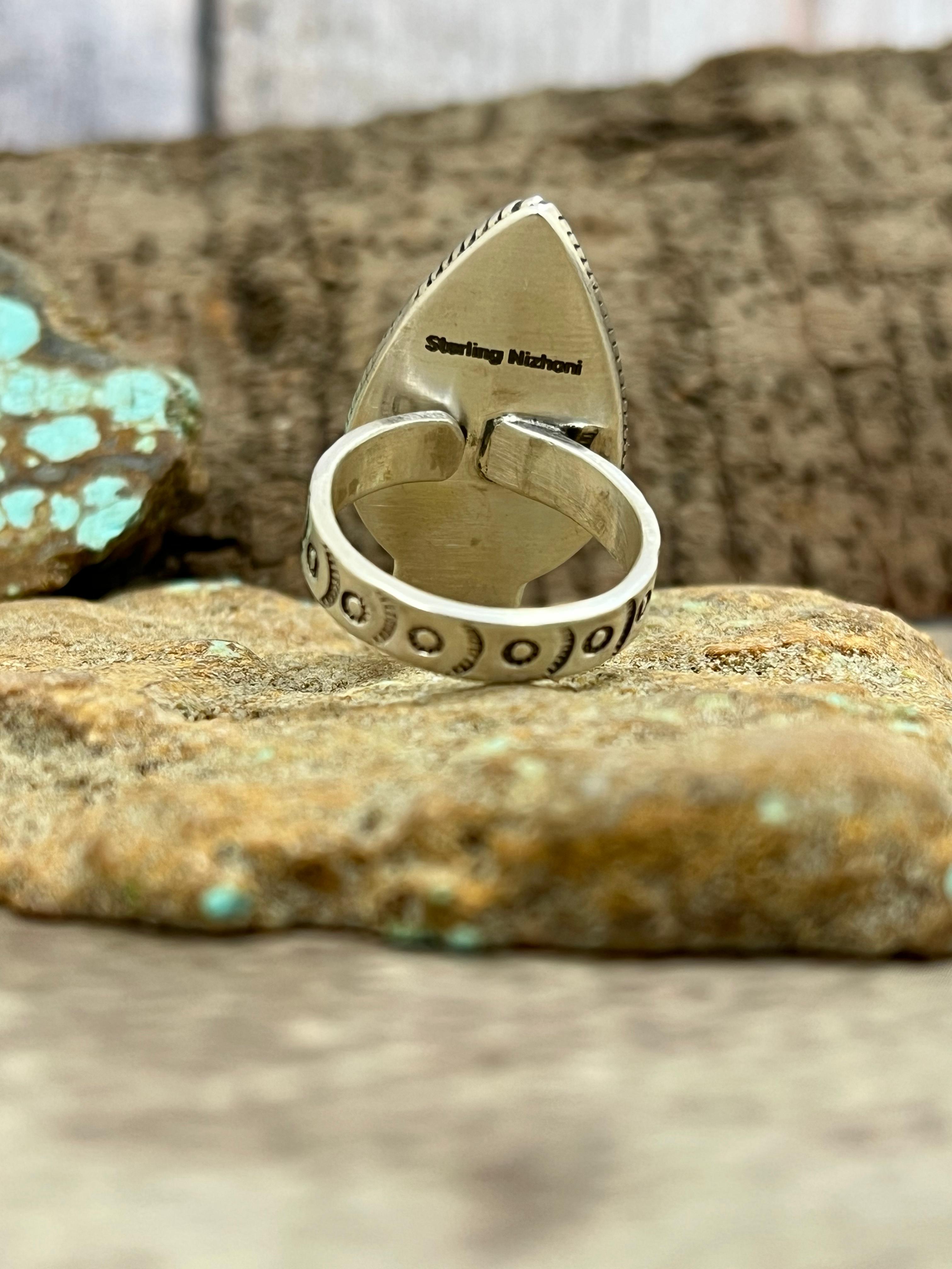 Handmade Sterling Silver Number 8 Turquoise Adjustable Ring with Signed Nizhoni