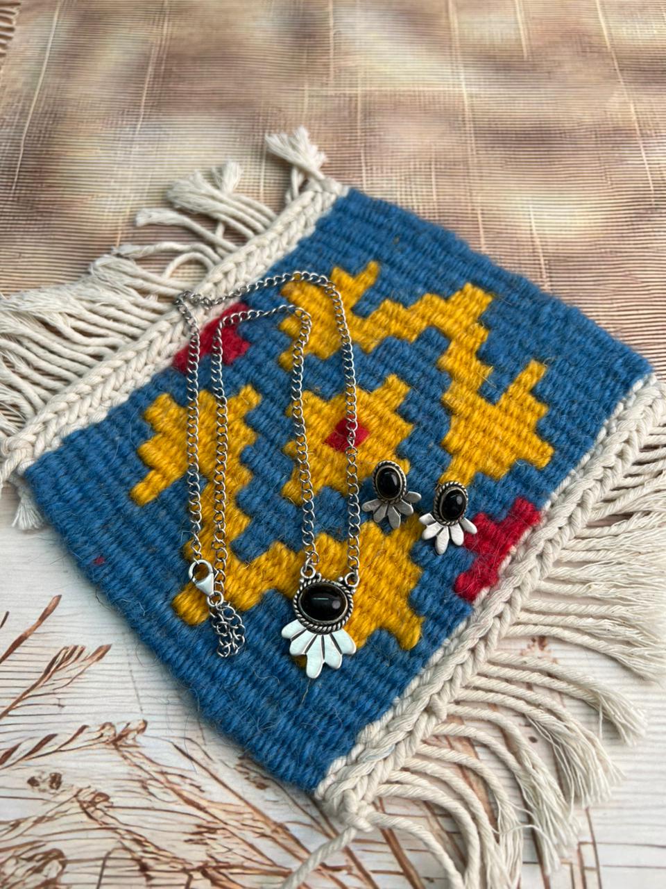 Handmade Sterling Silver Black Onyx Necklace Earrings Set "Signed Nizhoni"