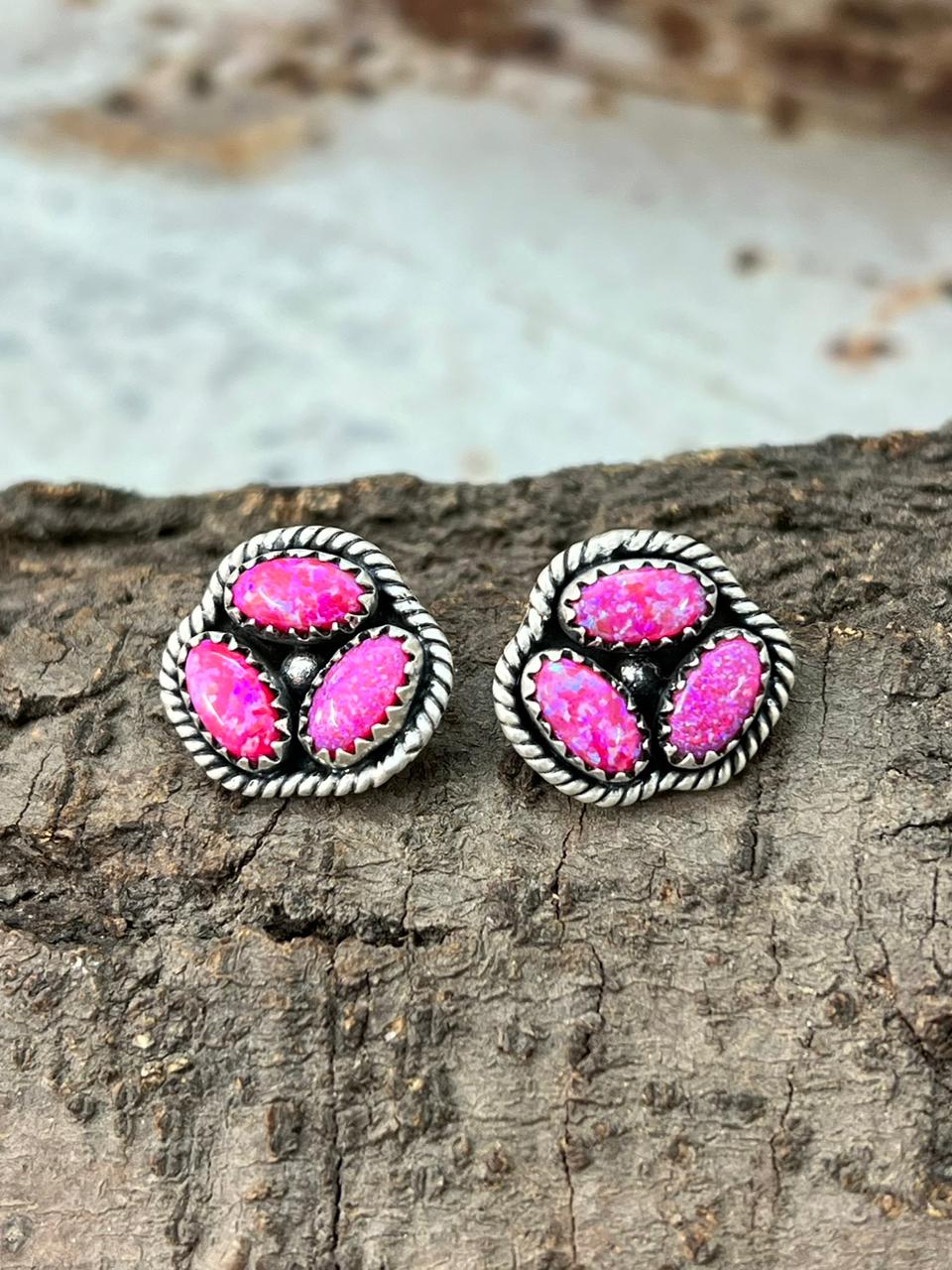 Handmade Sterling Silver Hot Pink Post Studs Earrings "Signed Nizhoni"