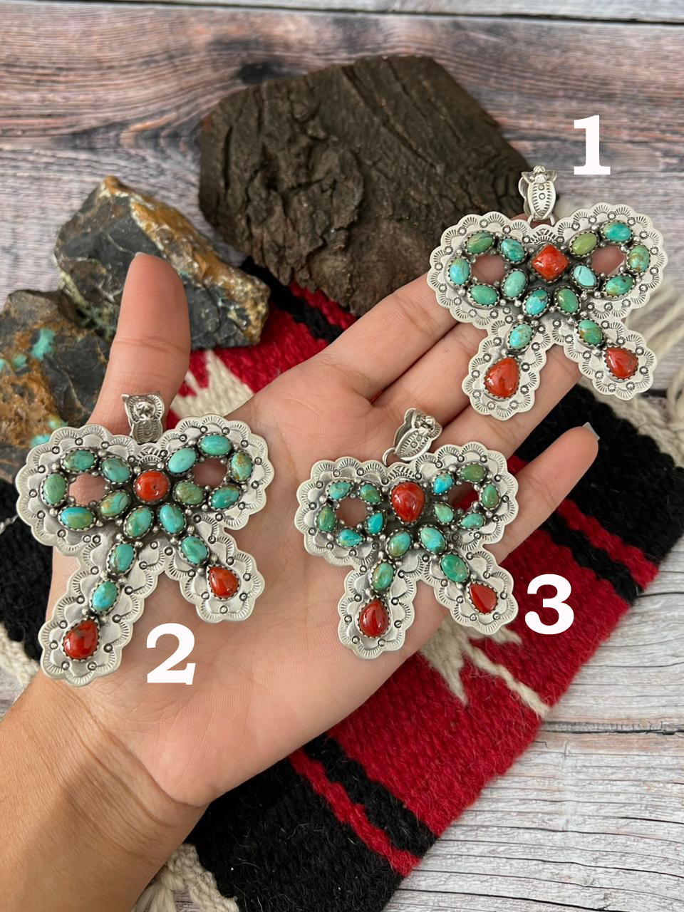 "Christmas Collection" Handmade Sterling Silver Kingman with Coral Pendant "Signed Nizhoni"