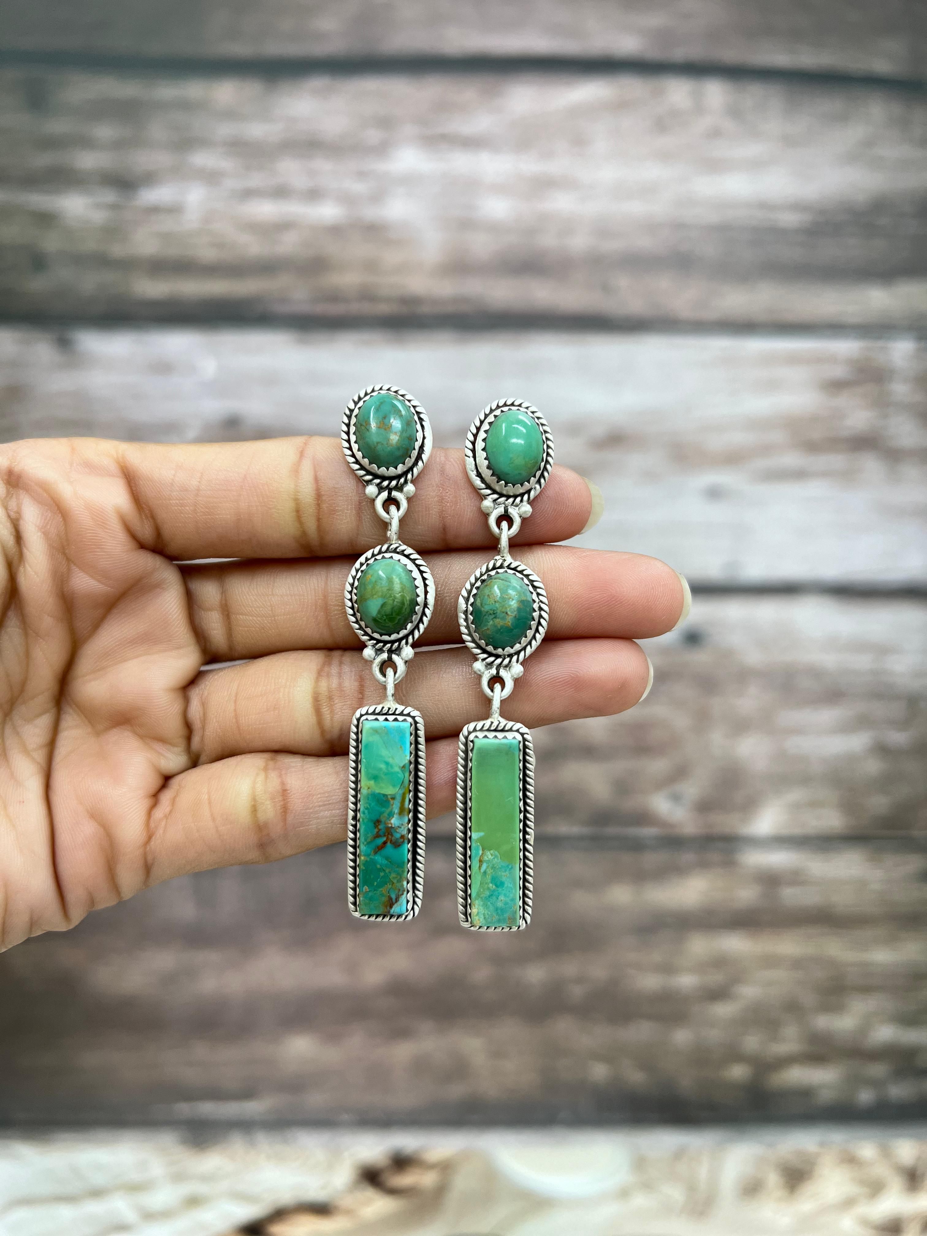 Handmade Sterling Silver Kingman Turquoise Post Dangle Earrings with Signed Nizhoni