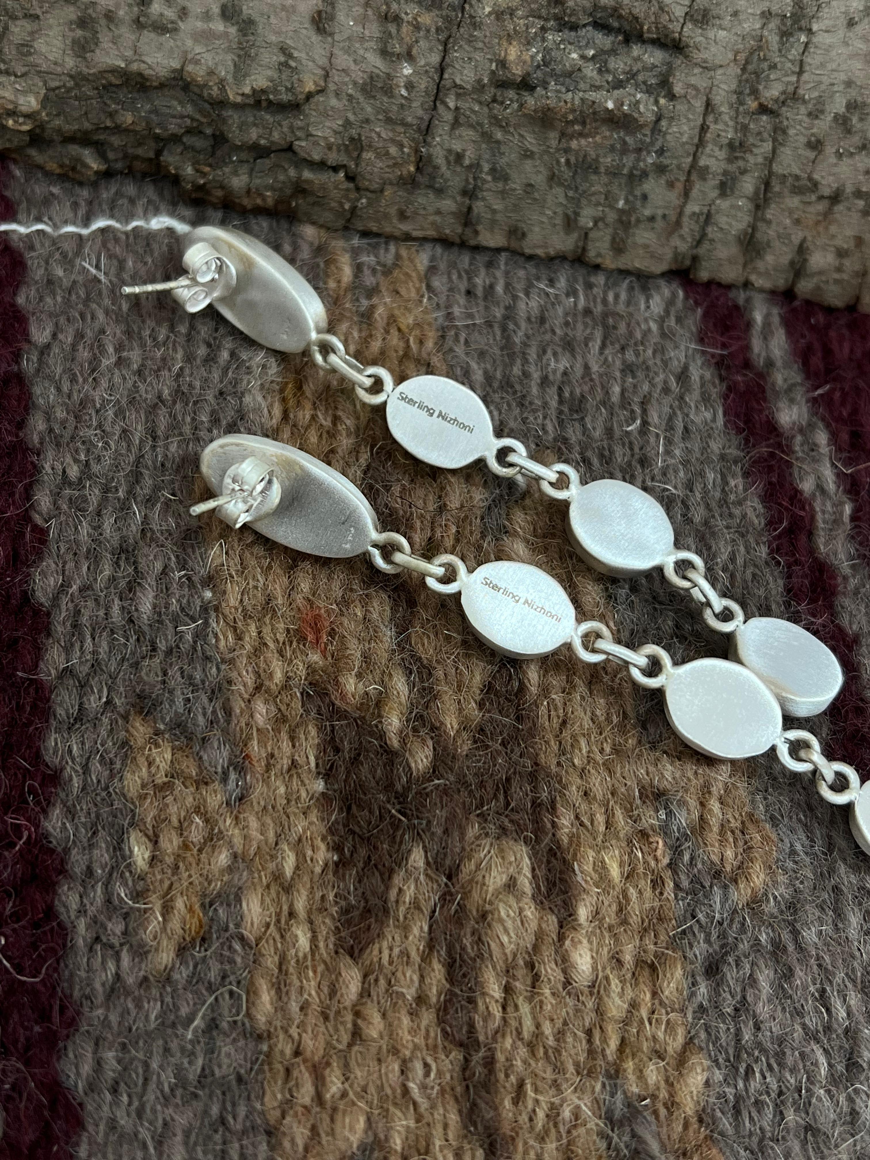 Handmade Sterling Silver Cotton Candy Turquoise Post Dangle Earrings with Signed Nizhoni