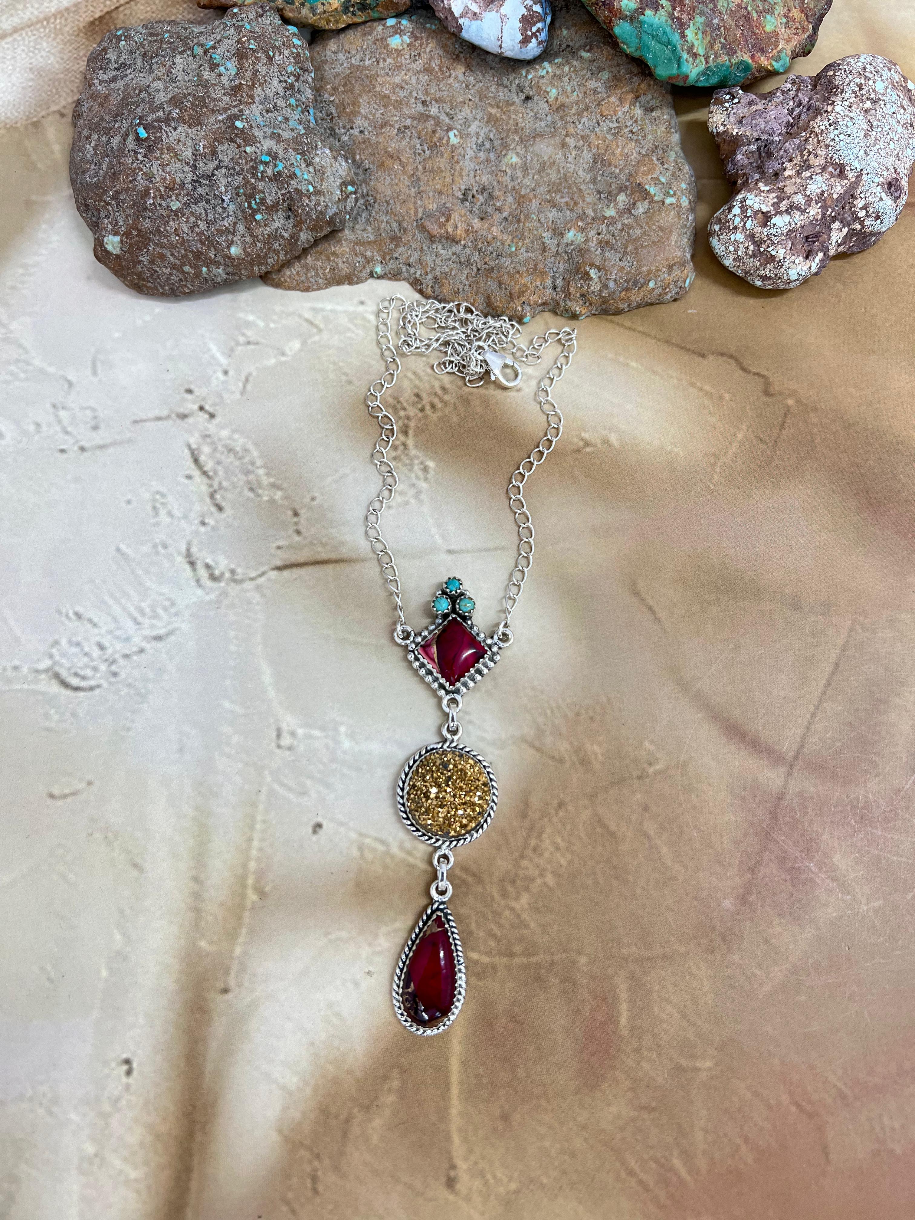 Handmade Sterling Silver Dahlia Rose with Druzy Necklace with Signed Nizhoni