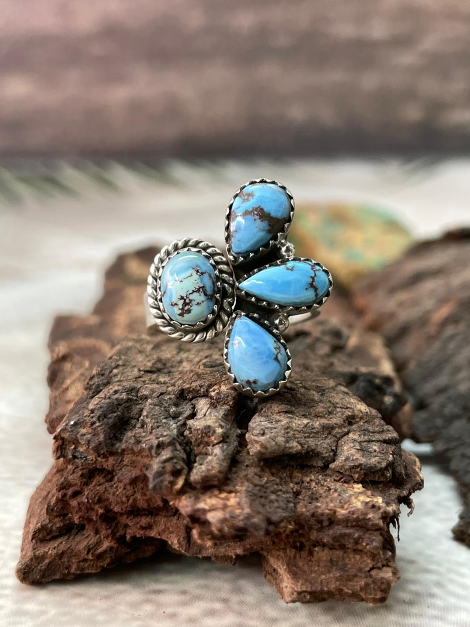 Handmade Sterling Silver Golden Hills Turquoise Adjustable Ring "Signed Nizhoni"