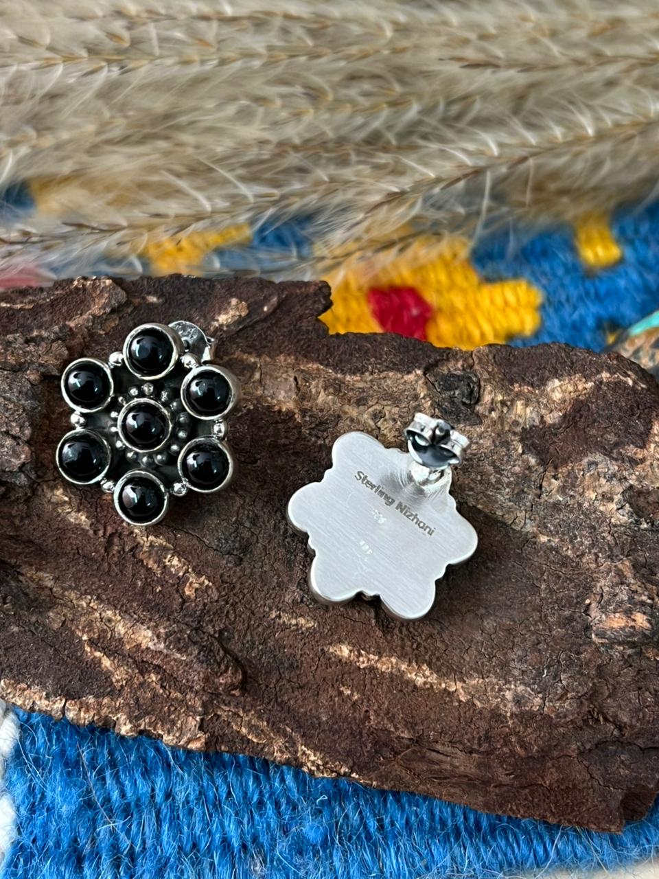 Handmade Sterling Silver Black Onyx Post Studs Earrings "Signed Nizhoni"