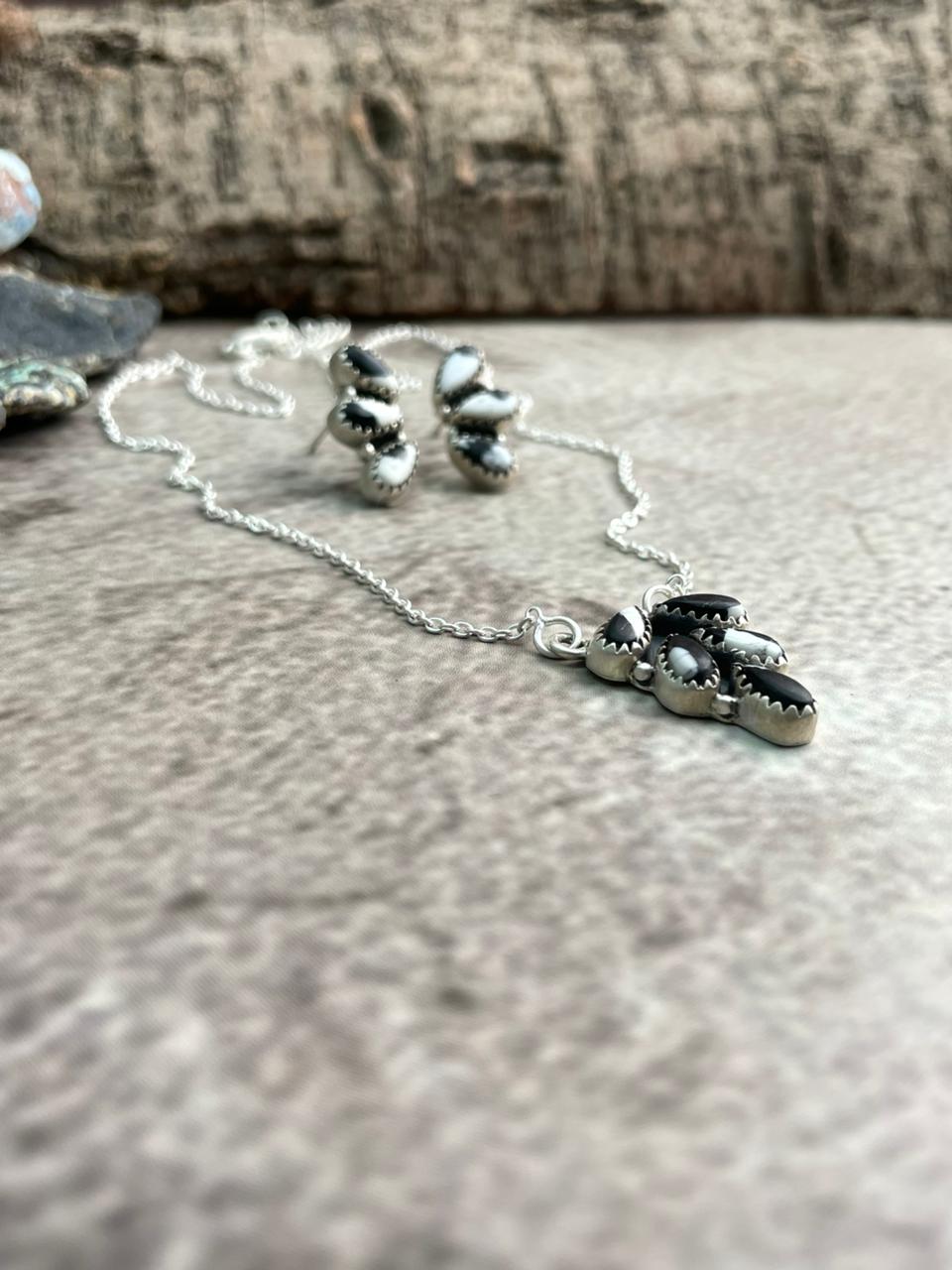 Handmade Sterling Silver White Buffalo Necklace Earrings Set "Signed Nizhoni"