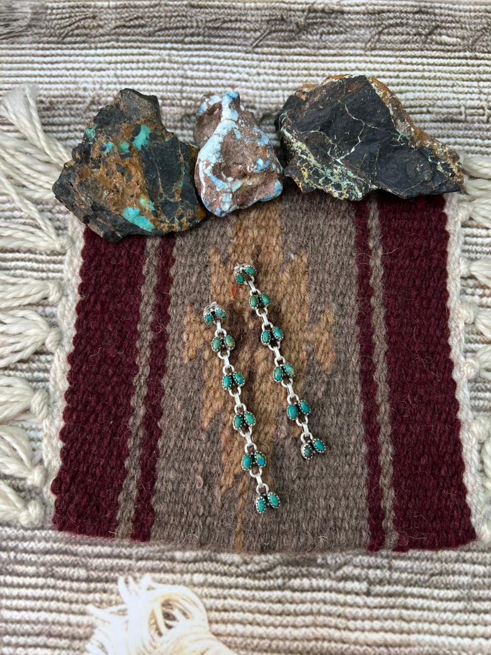 Handmade Sterling Silver Kingman Turquoise Post Dangle Earrings "Signed Nizhoni"