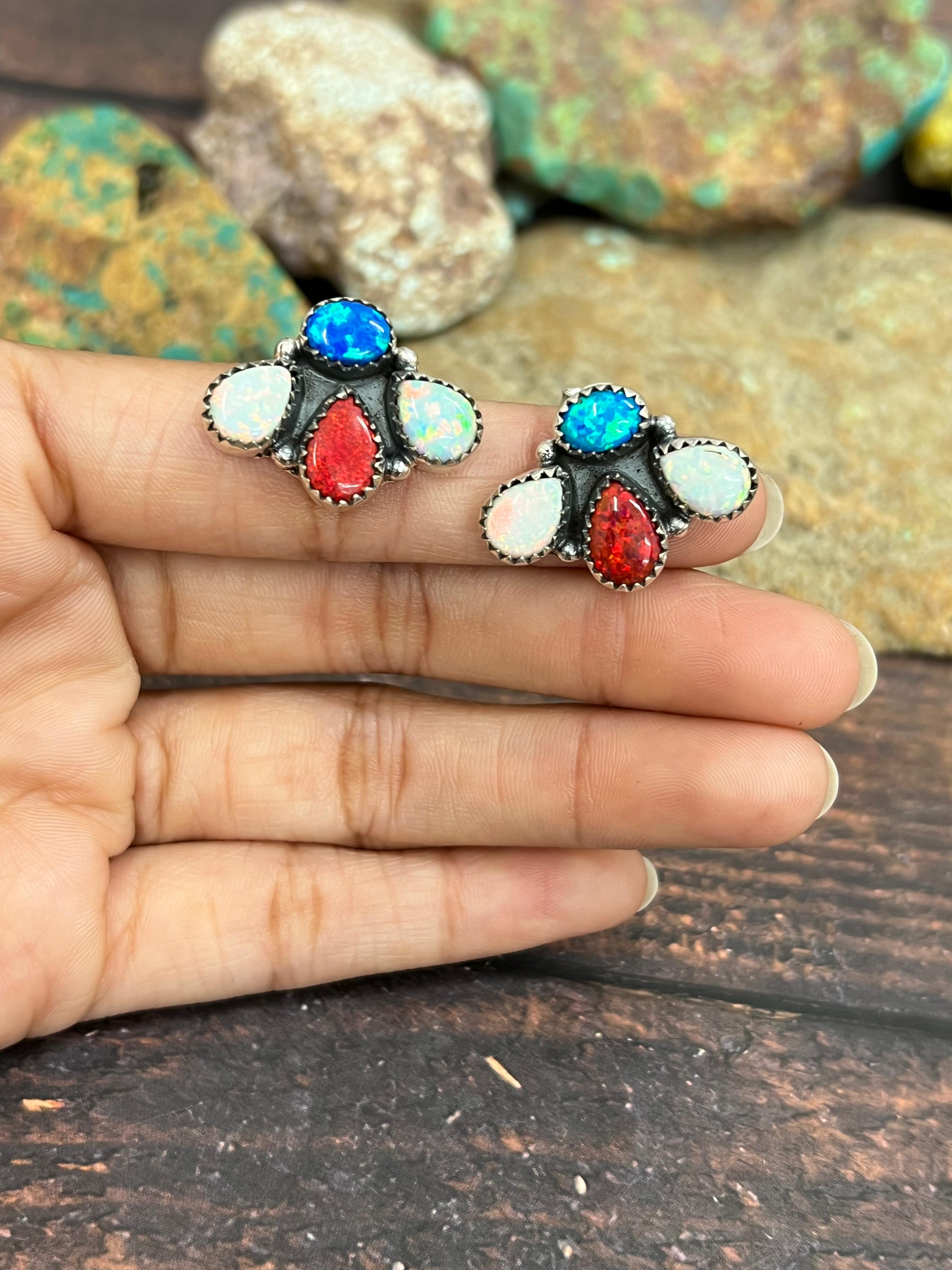 ** 4TH OF JULY ** Handmade Sterling Silver Synthetic Opal Post Earrings with Signed Nizhoni