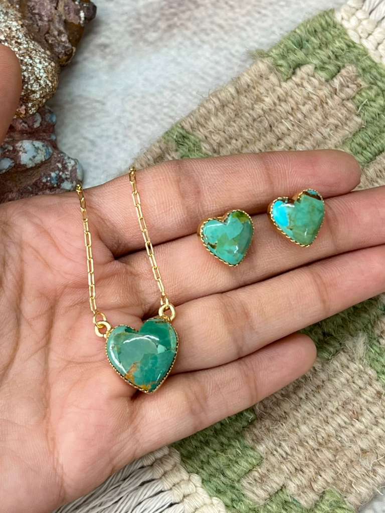 “The Golden Collection” Handmade Gold Plated Kingman Turquoise Necklace Earrings HEART Set