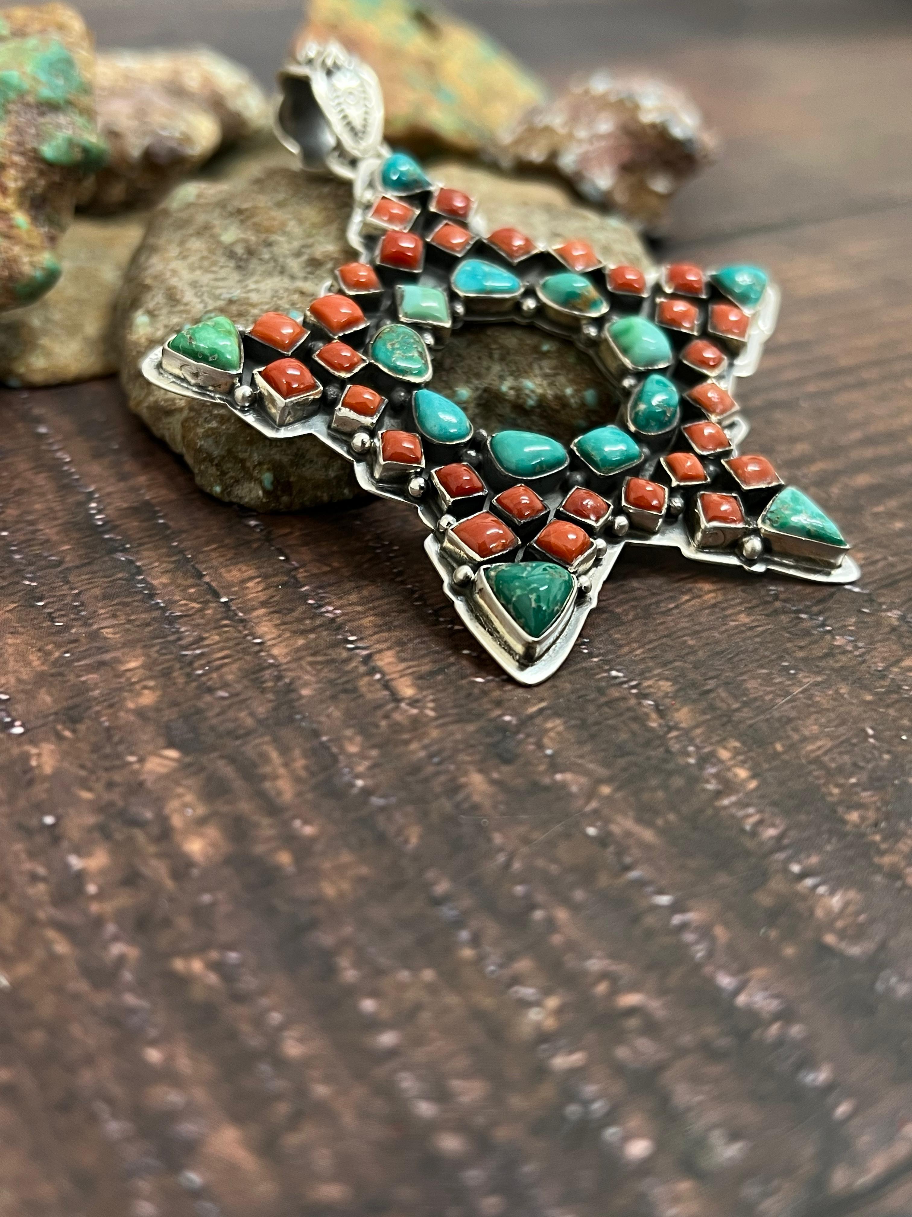 Handmade Sterling Silver Coral with Emerald Valley Star Pendant, Signed Nizhoni
