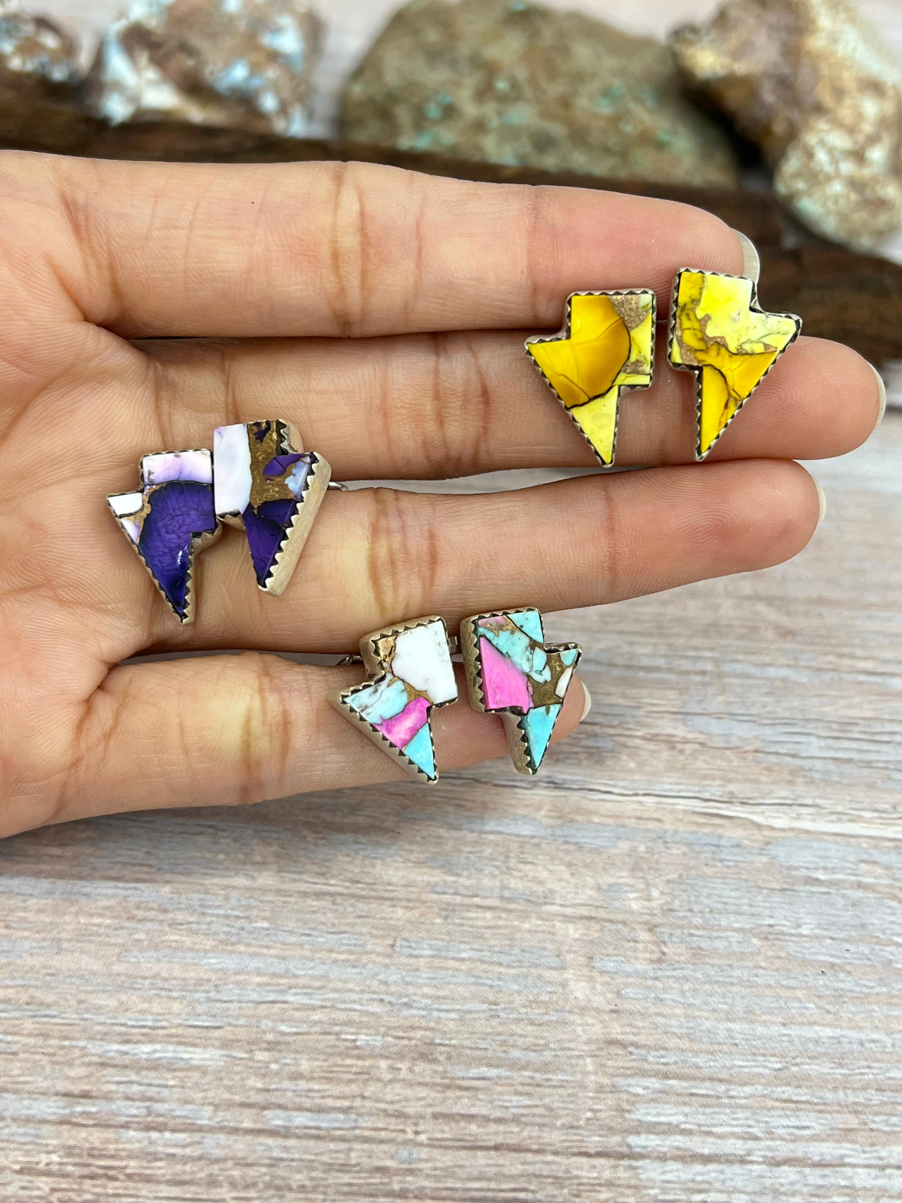 Handmade Sterling Silver Multi Stone Lightning Bolt Studs with Signed Nizhoni
