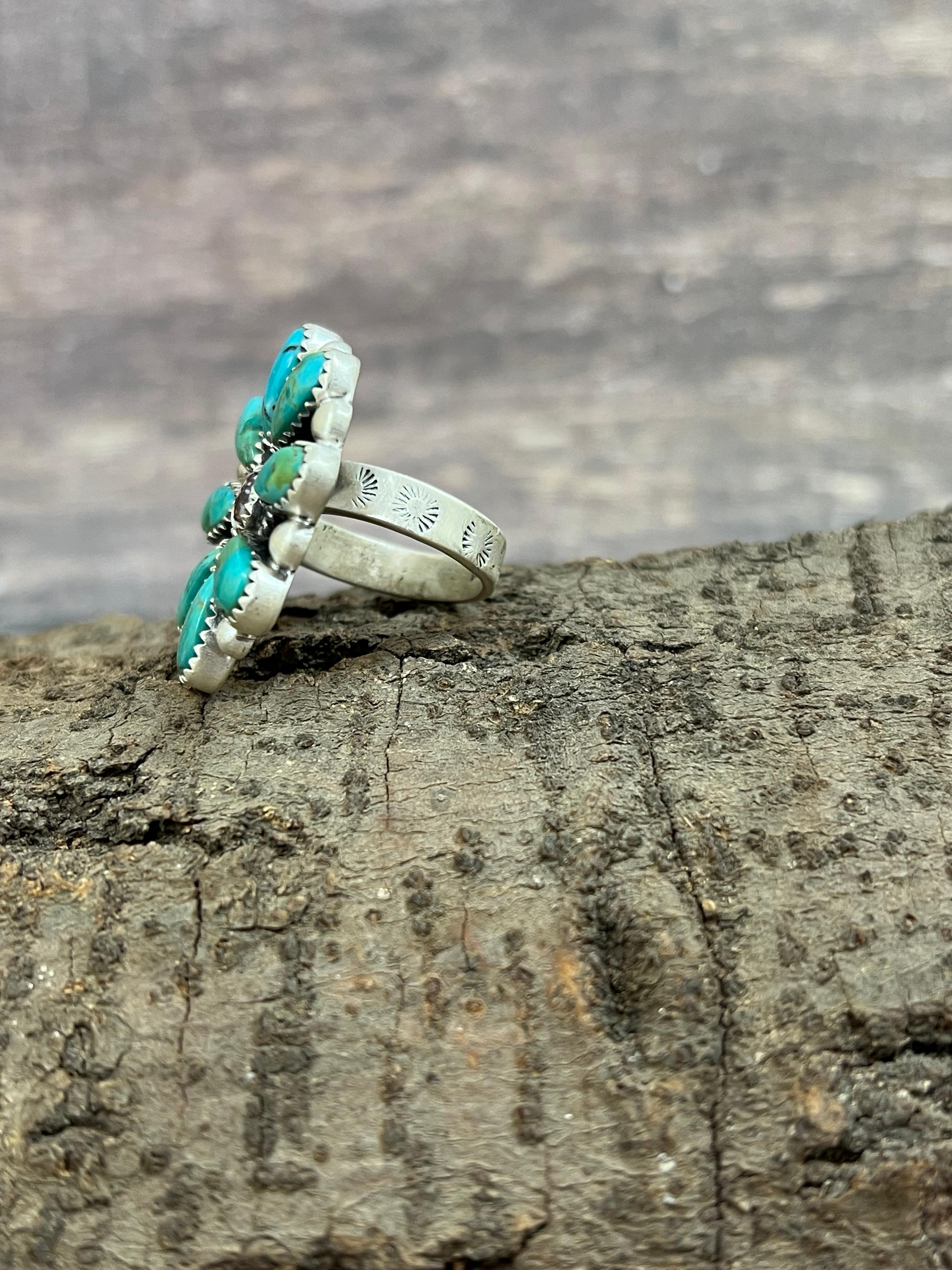 Handmade Sterling Silver Kingman Turquoise with Wild Horse Adjustable Ring Signed Nizhoni