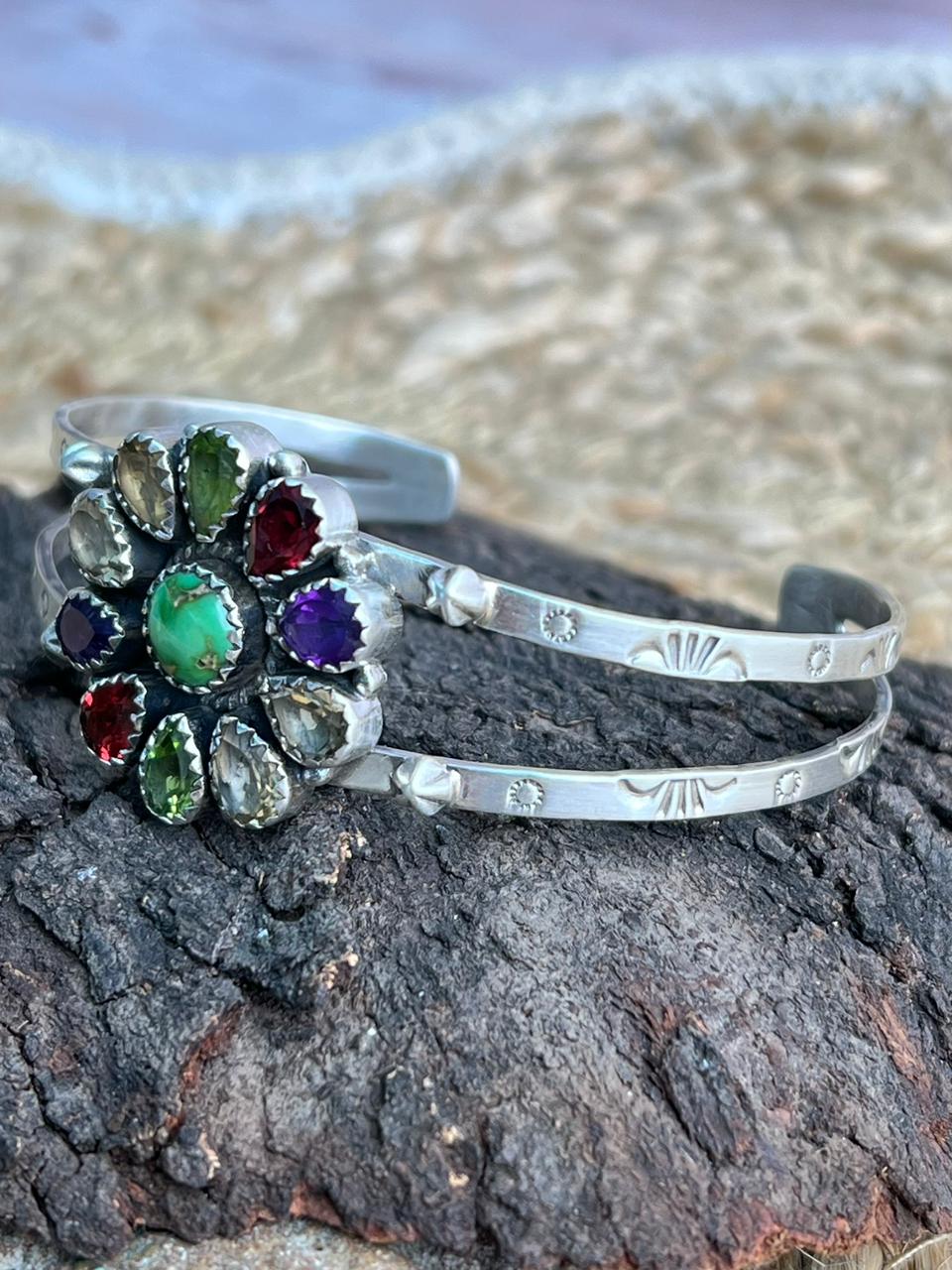 Handmade Sterling Silver Sonoran with Cut Stone Bracelet "Signed Nizhoni"