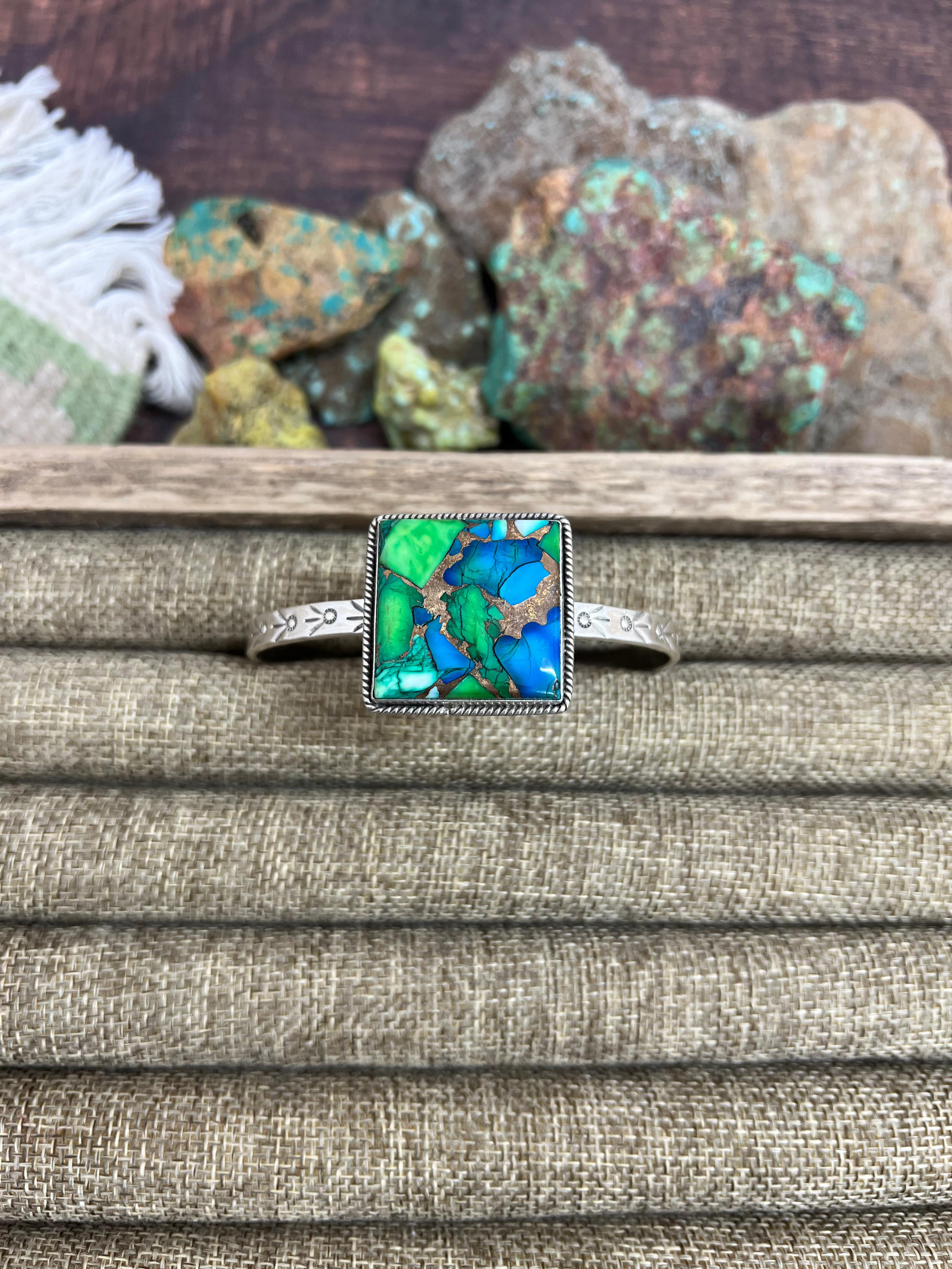 Handmade Sterling Silver Peacock Dahlia Cuff Bracelet with Signed Nizhoni