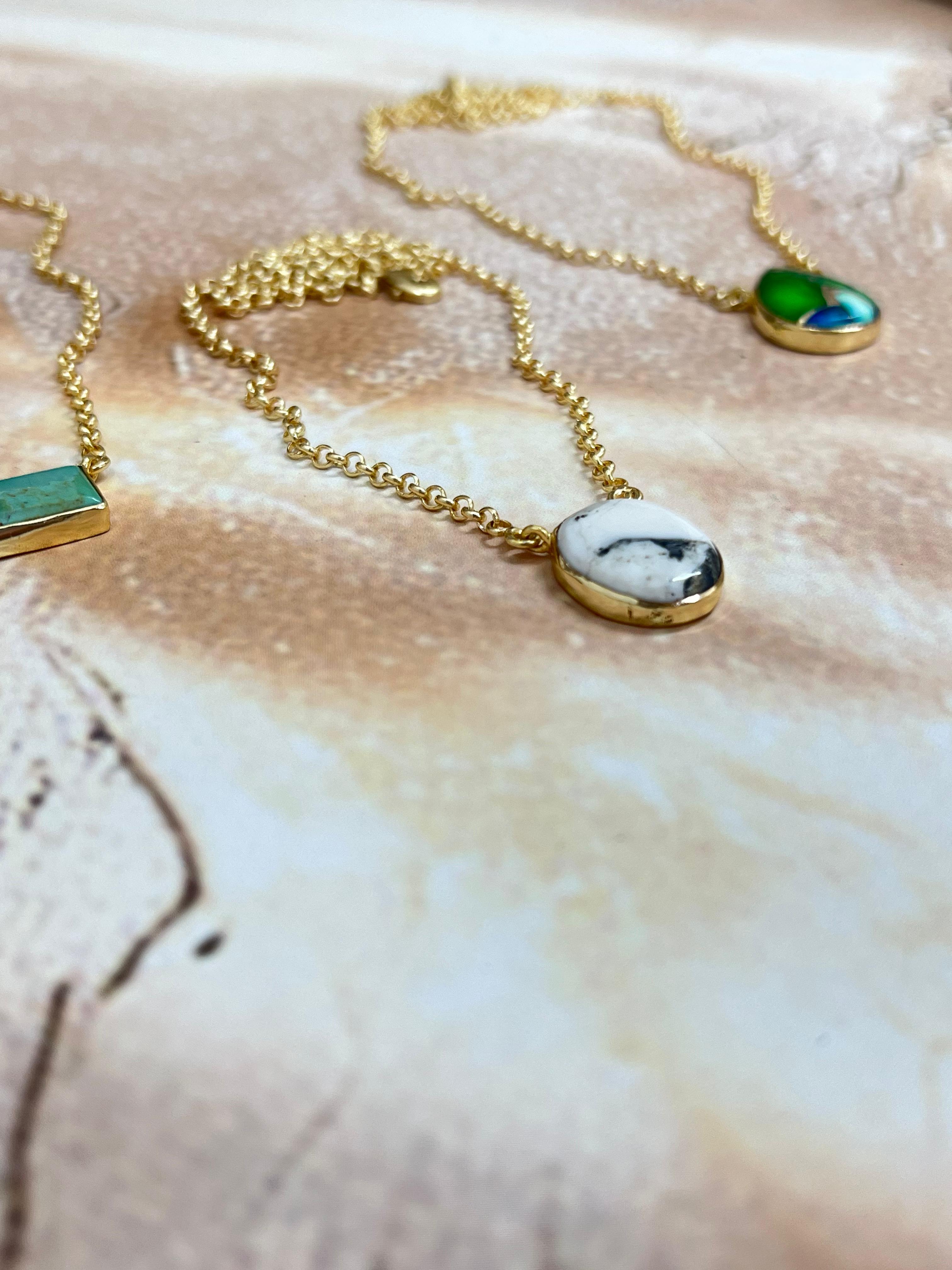 “The Golden Collection” Natural White Buffalo, Peacock Dahlia, Kingman Turquoise Necklace