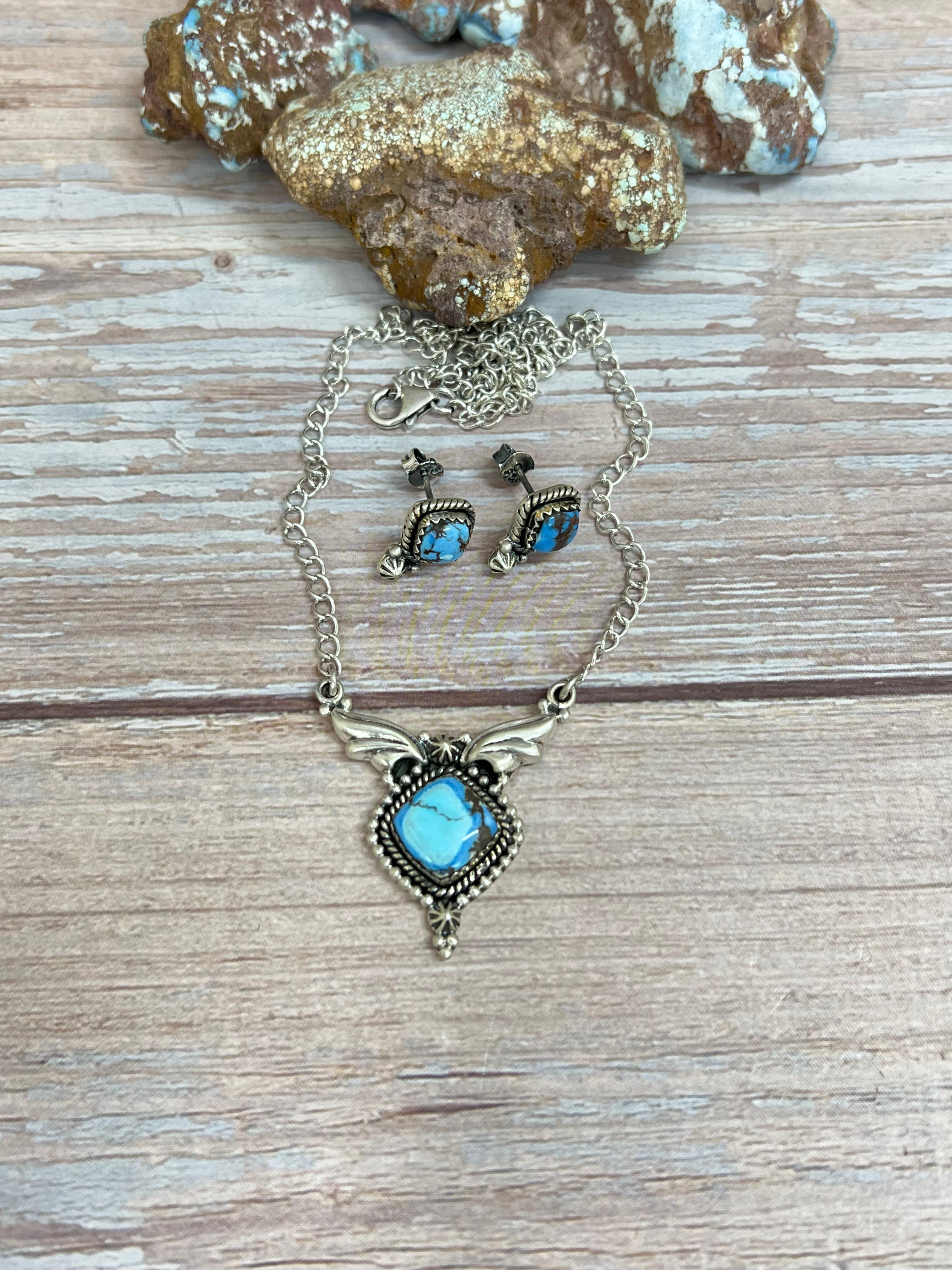 Handmade Sterling Silver Golden Hills Turquoise Necklace Earrings Set with Signed Nizhoni