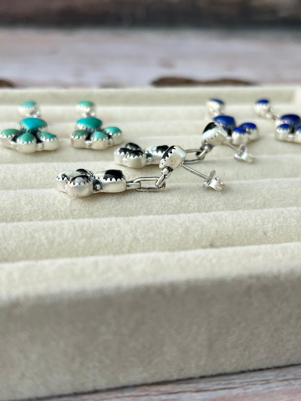 Handmade Sterling Silver Multi Stone Post Dangle Earrings with Signed Nizhoni