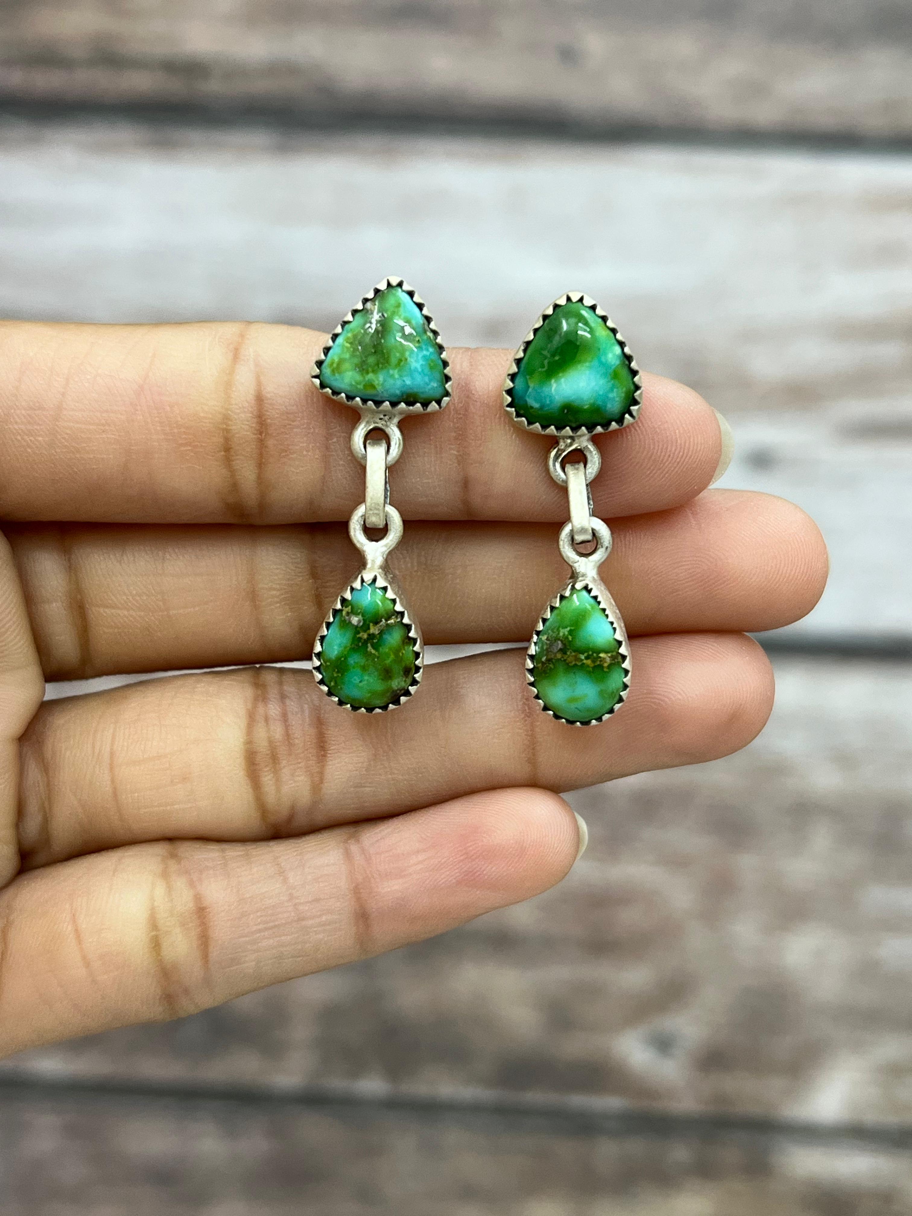 Handmade Sterling Silver Sonoran Mountain Turquoise Post Dangle Earrings with Signed Nizhoni (6)