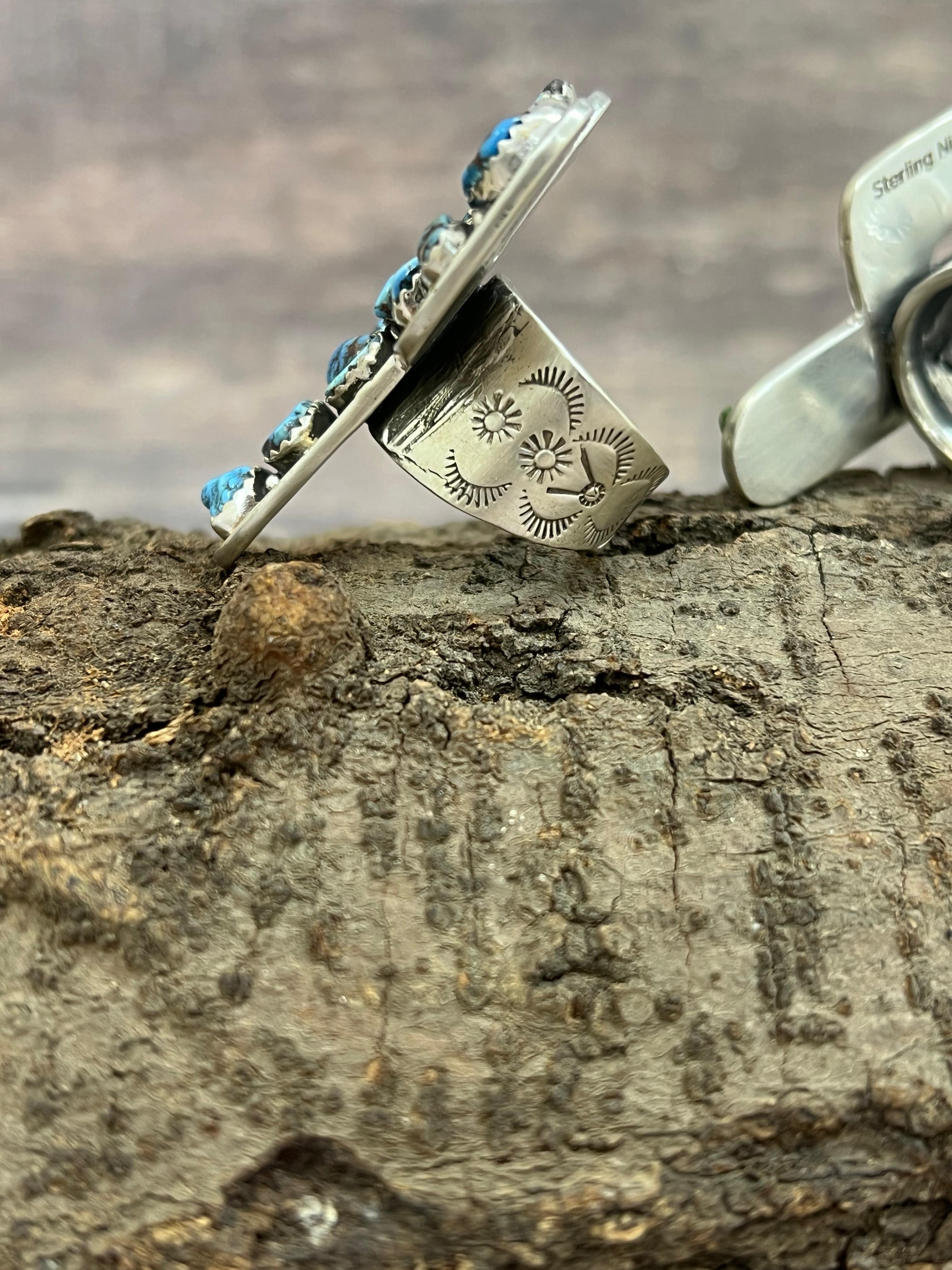 Handmade Sterling Silver Golden Hills, Sonoran Mountain Turquoise Cactus Adjustable Ring with Signed Nizhoni