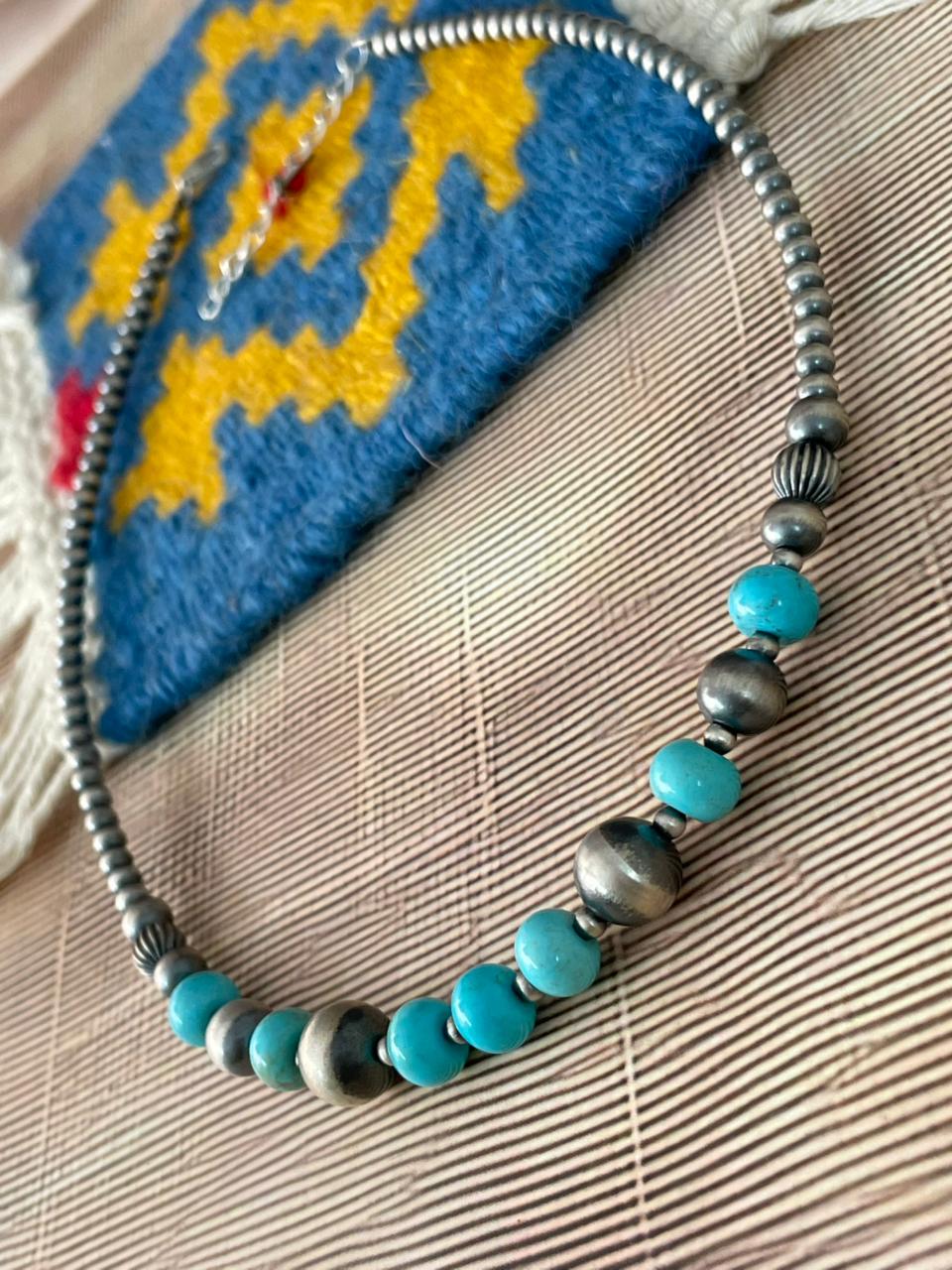 Handmade Sterling Silver Kingman Turquoise Beaded Necklace "Signed Nizhoni"