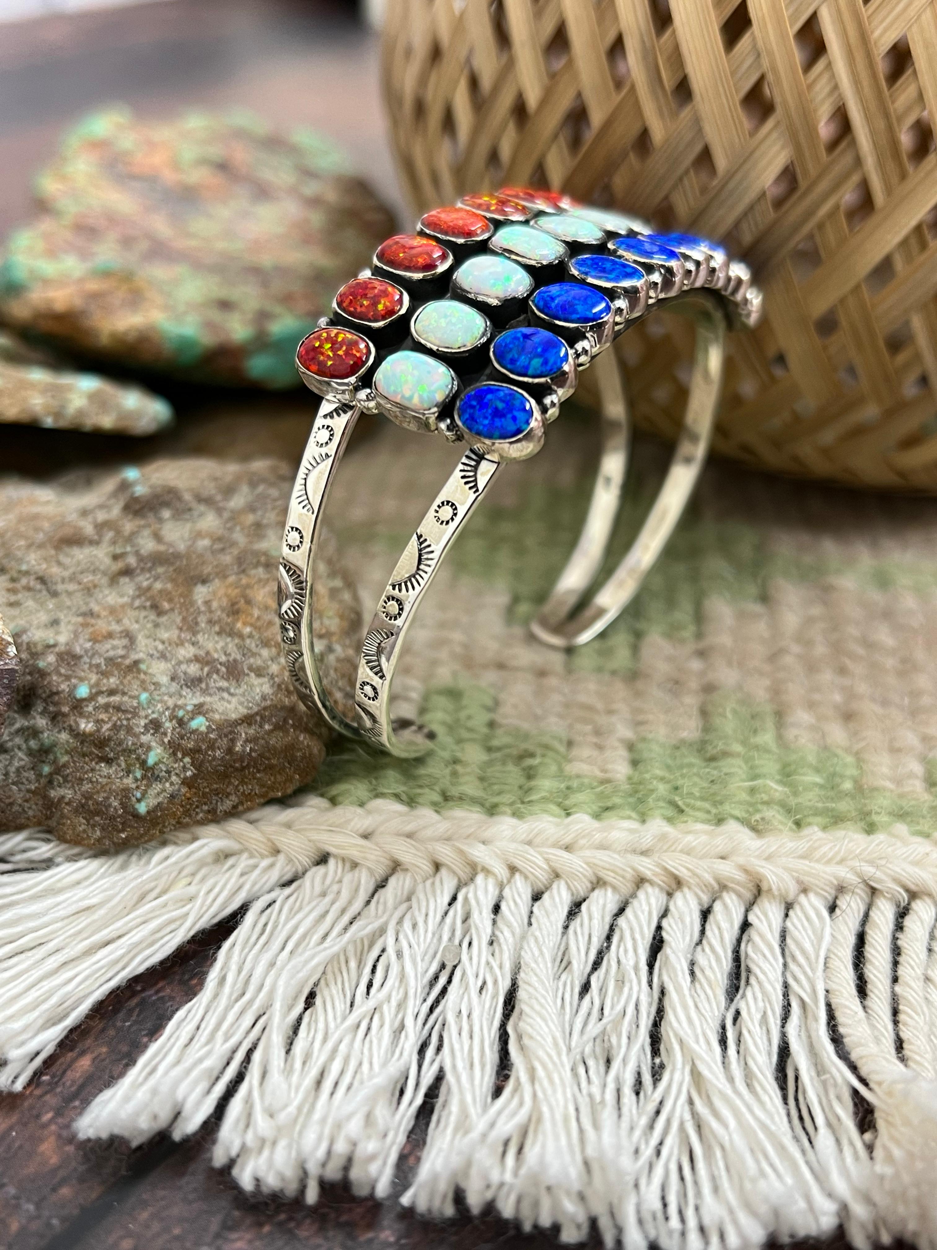 ** 4TH OF JULY ** Handmade Sterling Silver Synthetic Opal Cuff Bracelet with Signed Nizhoni
