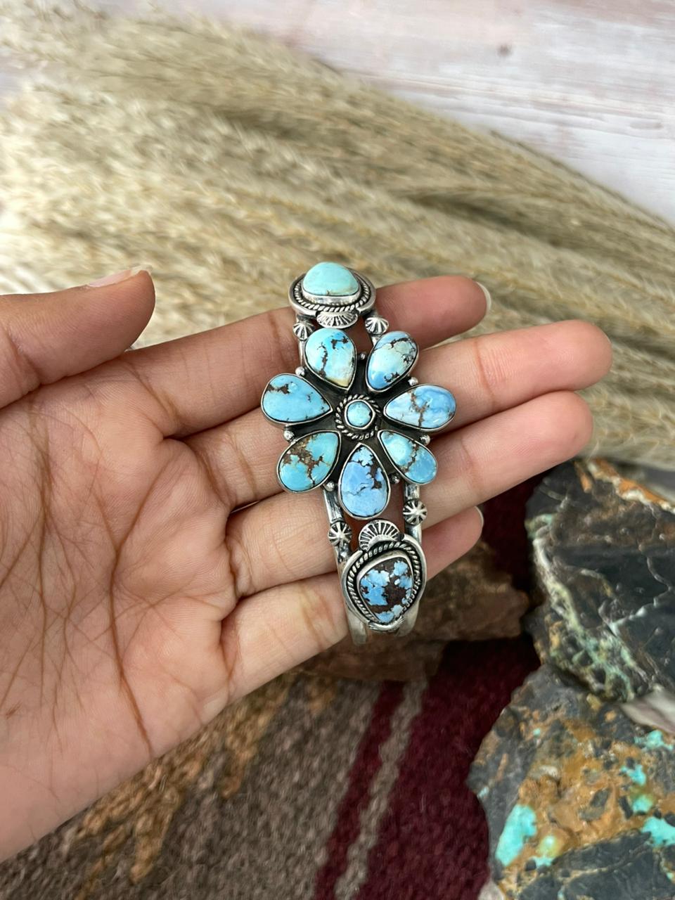 Handmade Sterling Silver Golden Hills Turquoise Cuff Bracelet "Signed Nizhoni"