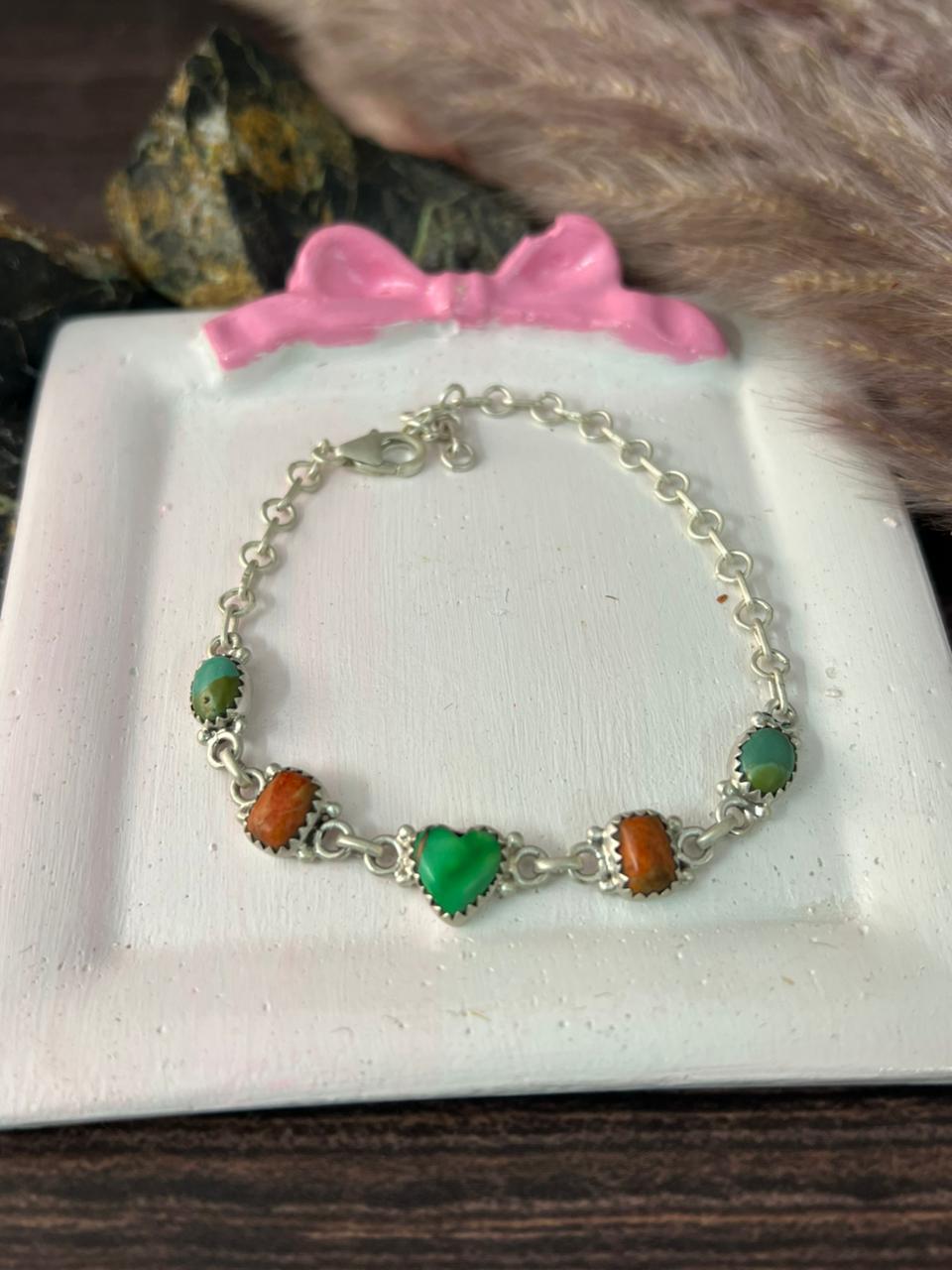 Handmade Sterling Silver Orange Mojave with Kingman and Irish Dahlia Chain Bracelet "Signed Nizhoni"