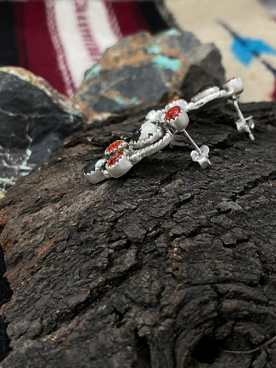 "Christmas Collection" Handmade Sterling Silver White Buffalo with Red Opal Studs Earrings "Signed Nizhoni"